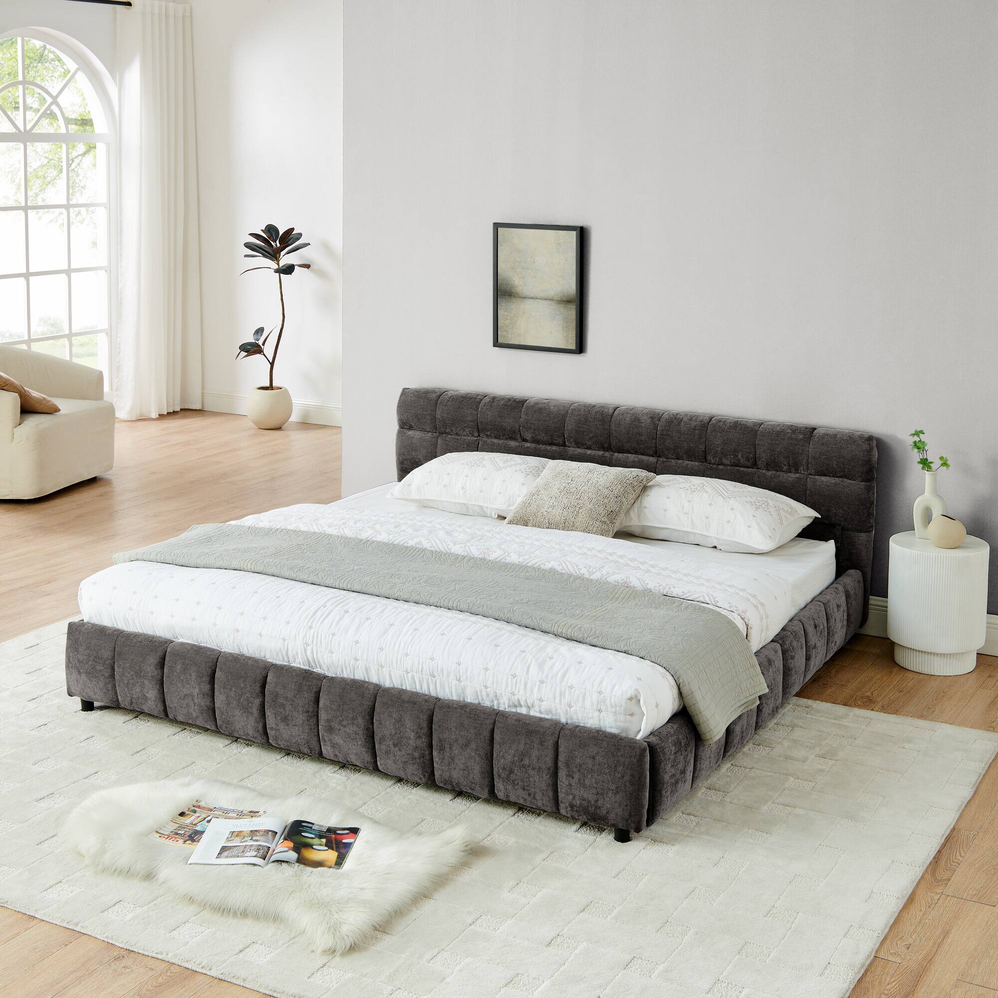 Angle. Anysun - King Chenille Upholstered Bed Frame with Headboard - Solid Construction & Storage Drawer. - Grey.