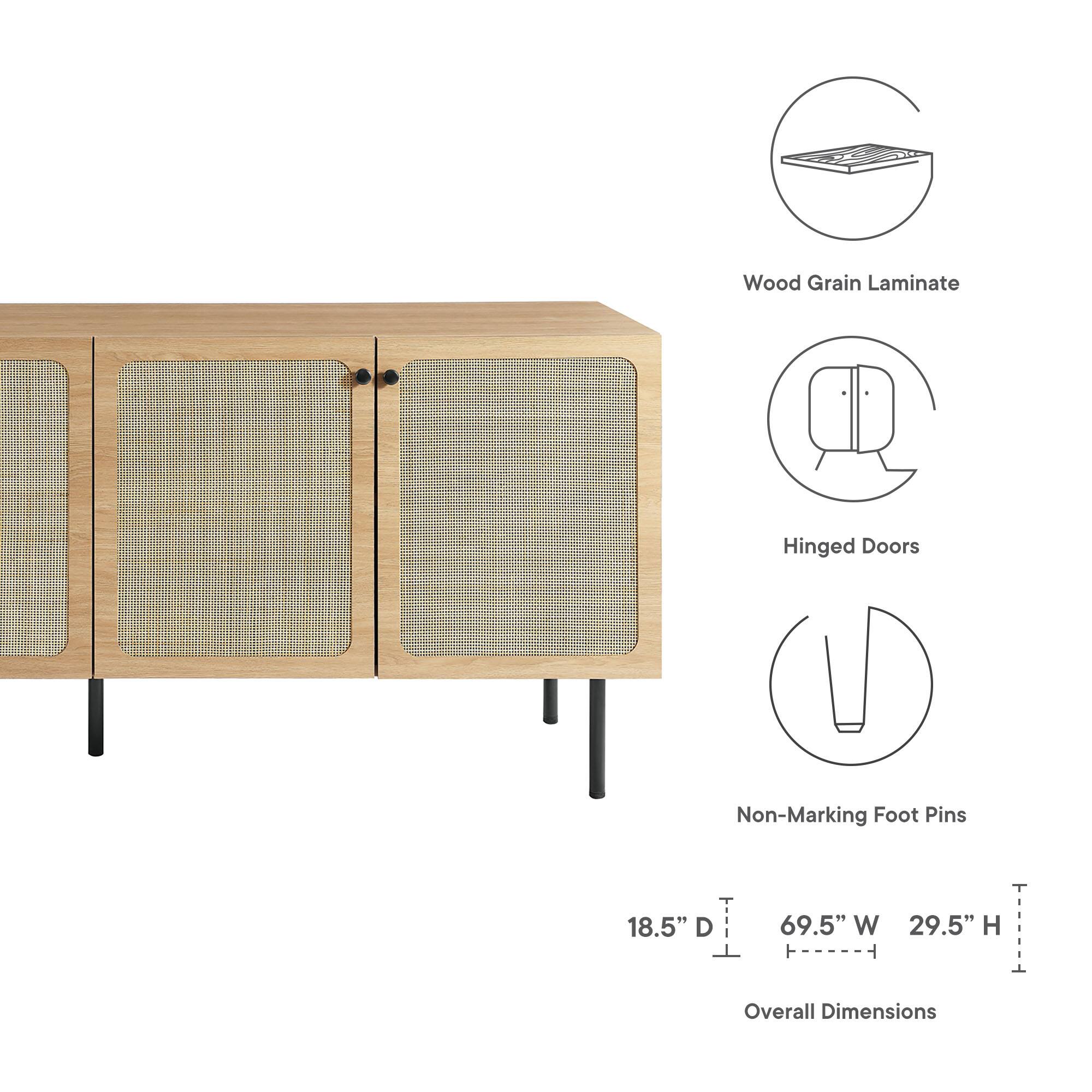 Wood Grain Laminate Hinged Doors Non-Marking Foot Pins  
18.5" D x 69.5" W x 29.5" H  
Overall Dimensions