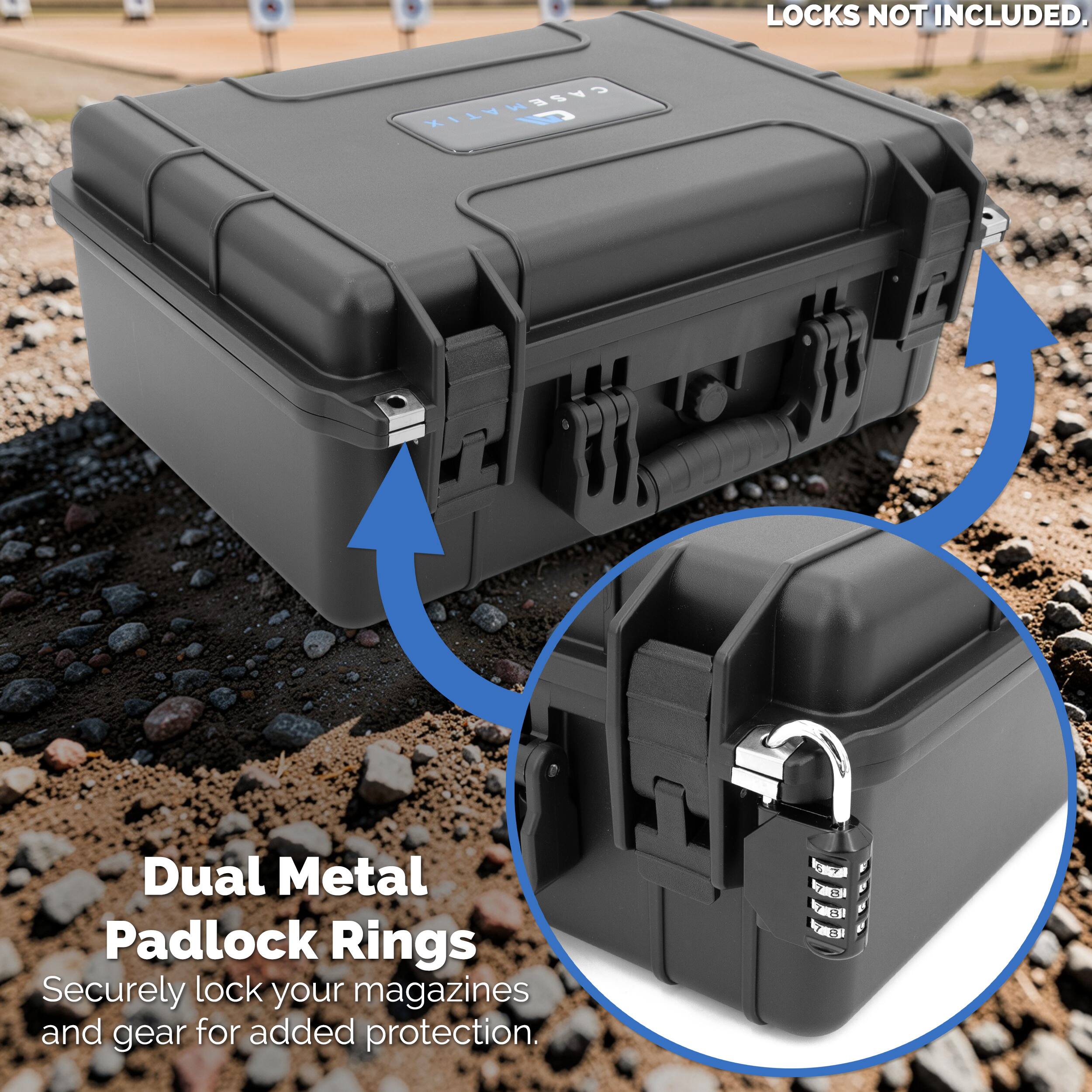LOCKS NOT INCLUDED.  
CASEM Dual Metal Padlock Rings  
Securely lock your magazines and gear for added protection.