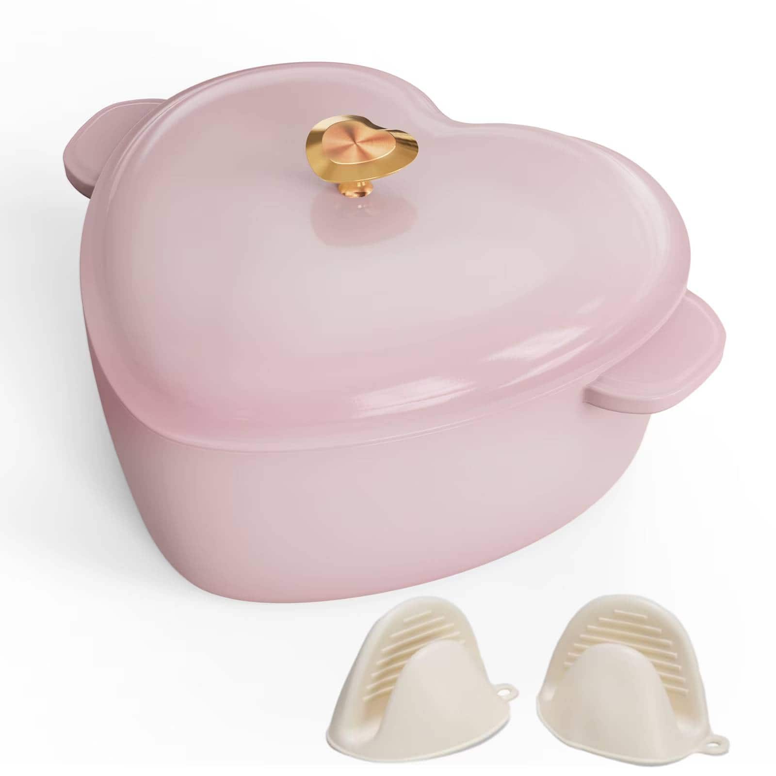 Winado - 4QT Heart-Shaped Cast Iron Dutch Oven with Silicone Gloves, Oven & Induction Safe Perfect for Stews, Roasts, Baking - Pink
