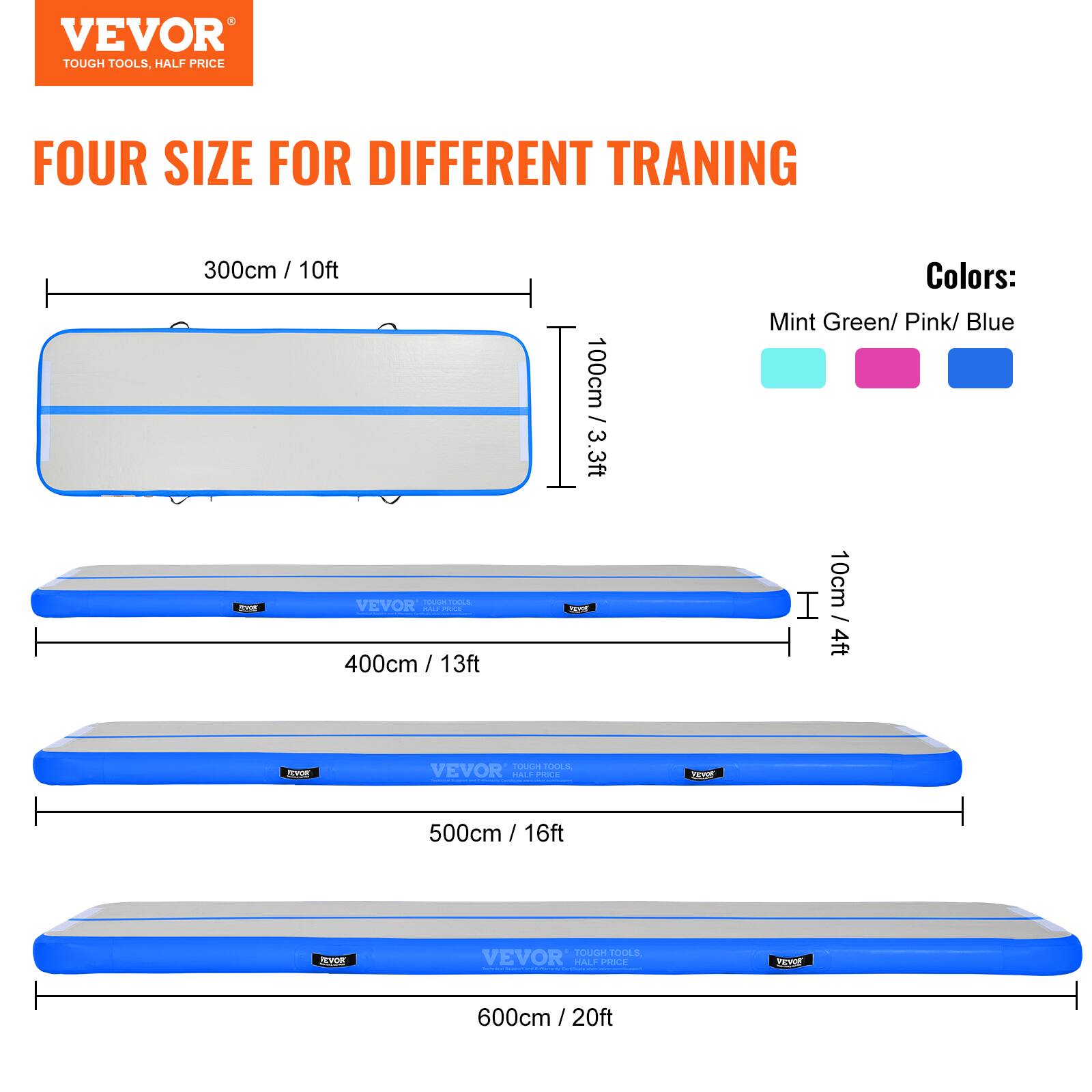 VEVOR TOUGH TOOLS, HALF PRICE FOUR SIZE FOR DIFFERENT TRAINING

300cm / 10ft 100cm / 3.3ft

Colors: Mint Green/ Pink/ Blue

400cm / 13ft 10cm / 4ft

500cm / 16ft

600cm / 20ft