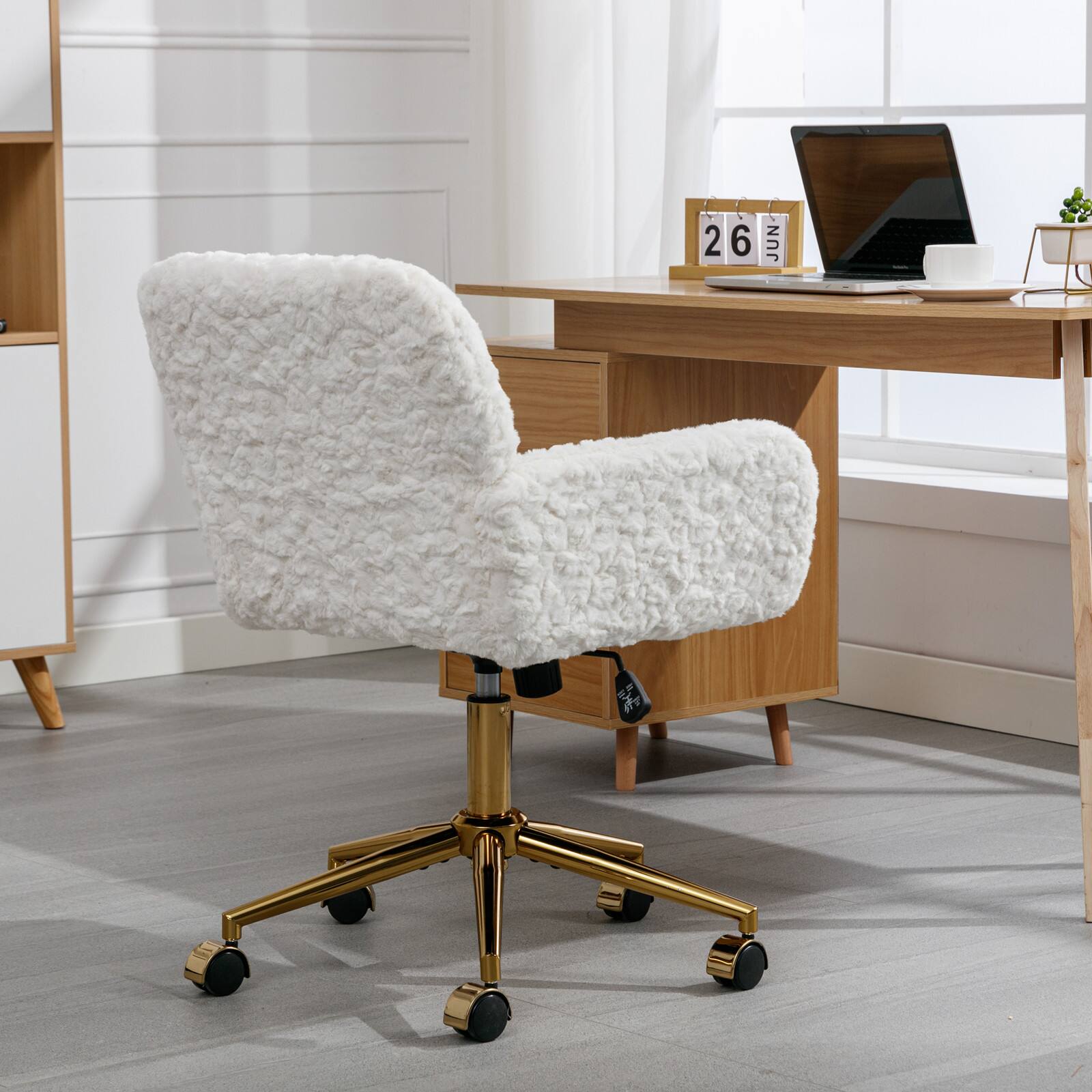Left. Z-Edge - Modern Home Office Desk Chair with Golden Metal Base, Adjustable Height, 360 Degree Swivel, Smooth-Rolling Wheels - White.