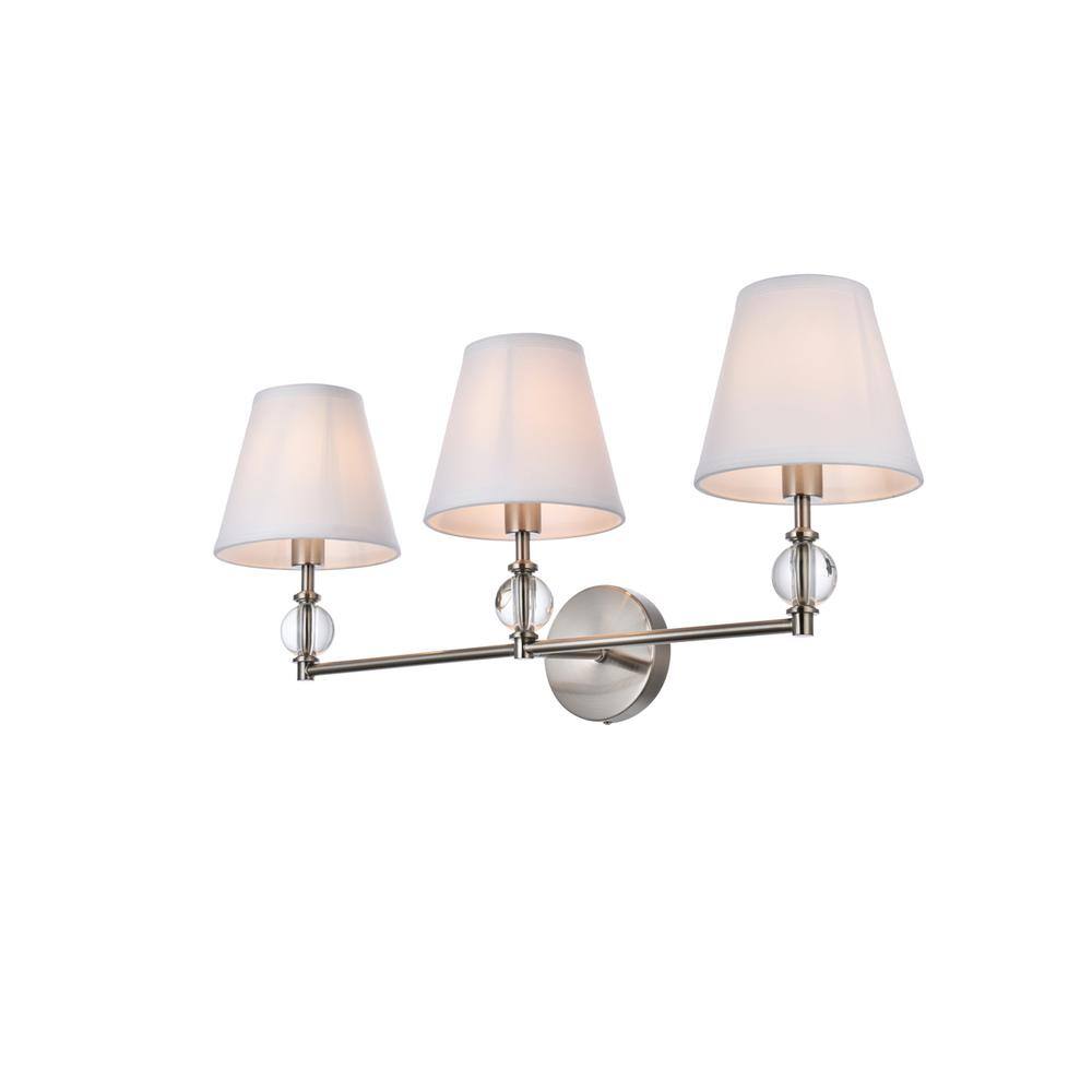 Alt View 2. Living District - Bethany 3 lights bath sconce in satin nickel with white fabric shade - Satin Nickel And White Fabric Shade.