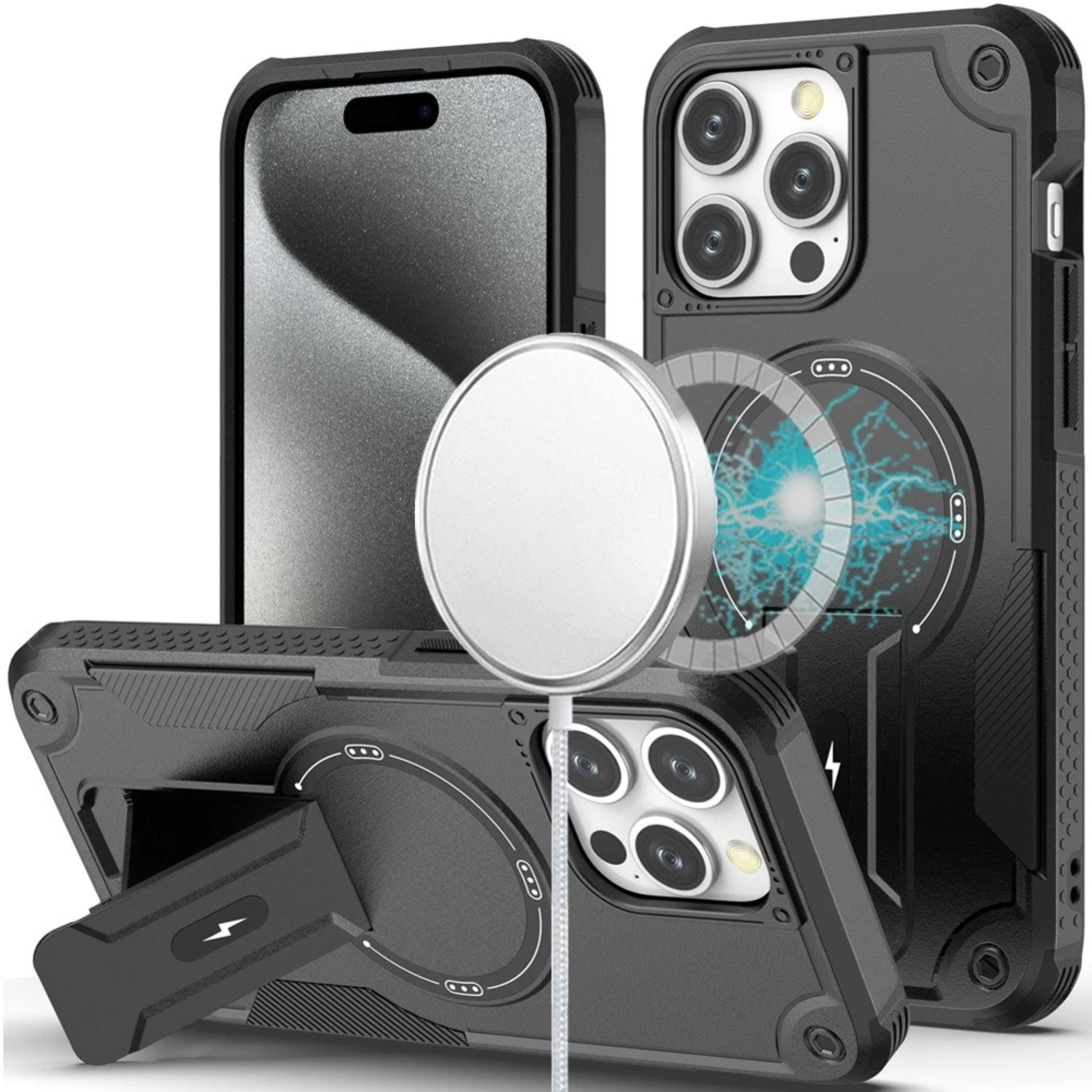 Kitcheniva - Rugged Magnetic Grip Stand Case With Tempered Glass For iPhone 15 Pro Max - Black