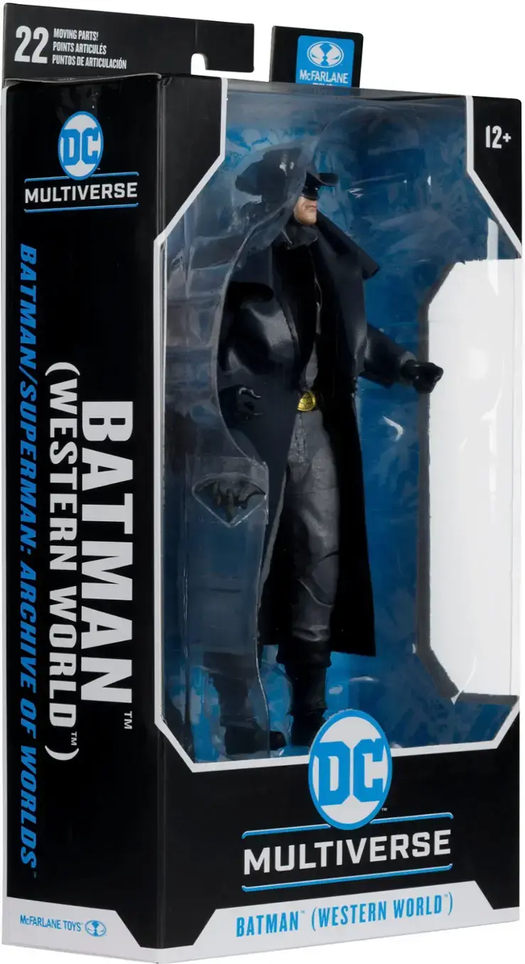 The text on the image is grouped and corrected as follows:

"22 POINTS! MOVING PARTS! ARTICULACIONES DE ARTICULACION McFARLANE TOTS DC 12+ MULTIVERSE BATMAN/SUPERMAN: (WESTERN BATMAN ARCHIVE WORLD OF TM TM - WORLDS DC MULTIVERSE McFARLANE (WESTERN WORLD') TOY'S BATMAN."