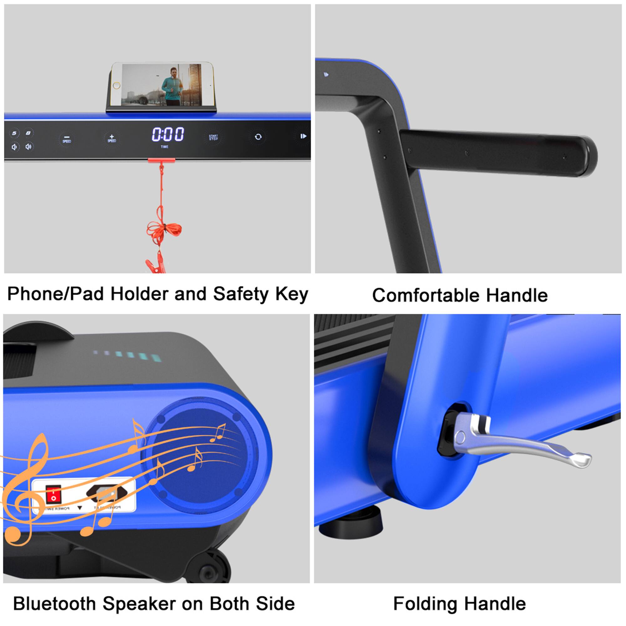 Phone/Pad Holder and Safety Key  
Comfortable Handle  
Bluetooth Speaker on Both Side  
Folding Handle