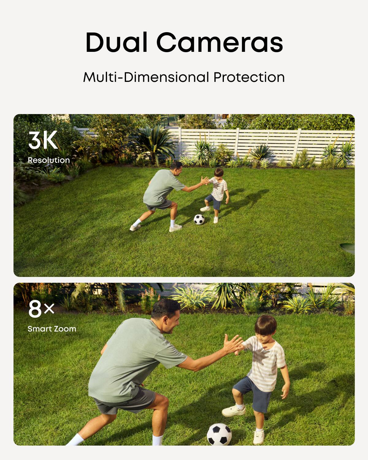 Dual Cameras  
Multi-Dimensional Protection  
3K Resolution  
8x Smart Zoom