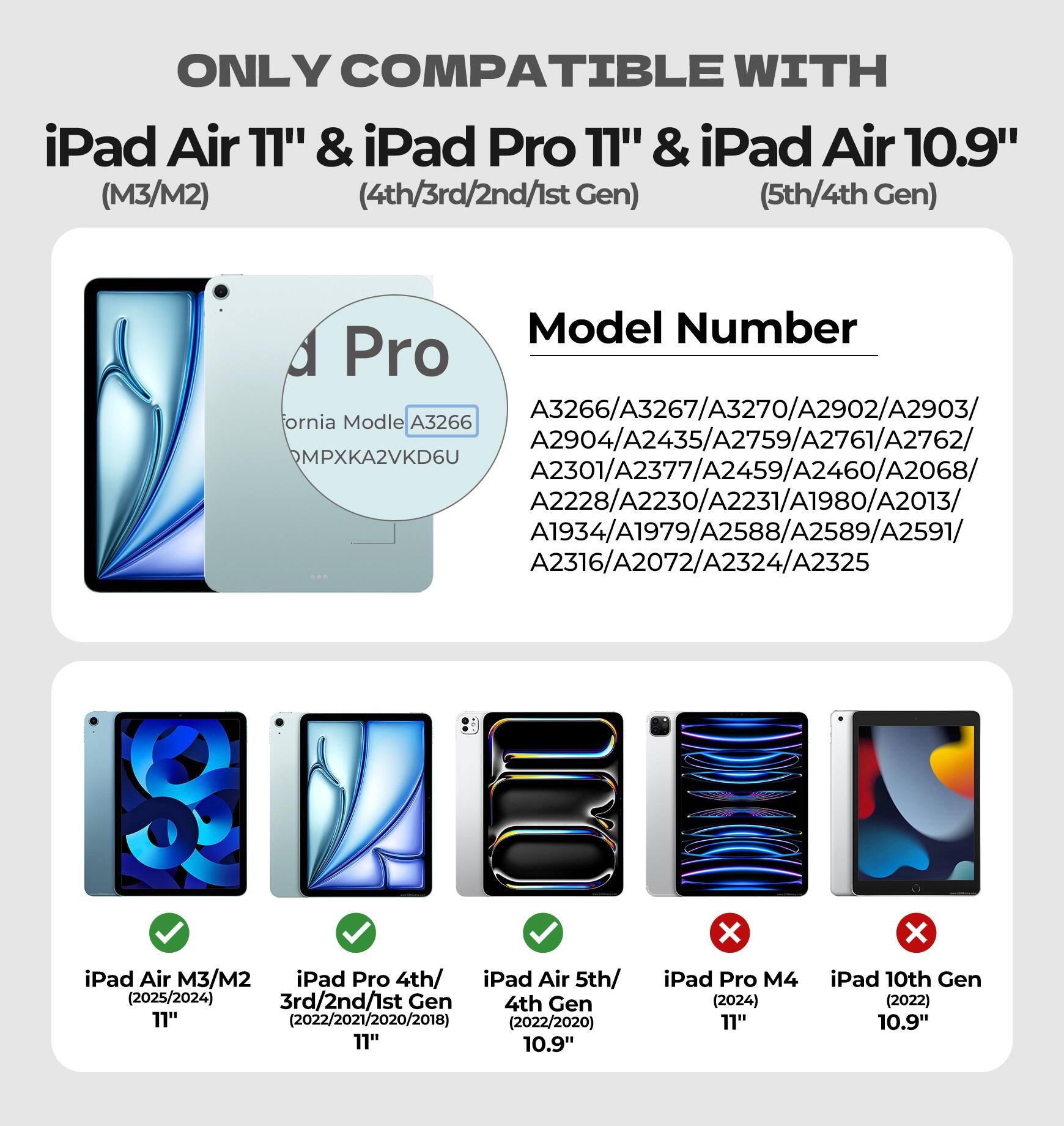 ONLY COMPATIBLE WITH  
iPad Air 11" & iPad Pro 11" & iPad Air 10.9"  
(M3/M2)  
(4th/3rd/2nd/1st Gen) (5th/4th Gen)  

Model Number  
A3266/A3267/A3270/A2902/A2903/  
A2904/A2435/A2759/A2761/A2762/  
A2301/A2377/A2459/A2460/A2068/  
A2228/A2230/A2231/A1980/A2013/  
A1934/A1979/A2588/A2589/A2591/  
A2316/A2072/A2324/A2325  

iPad Air M3/M2  
(2025/2024) 11"  

iPad Pro 4th/  
3rd/2nd/1st Gen