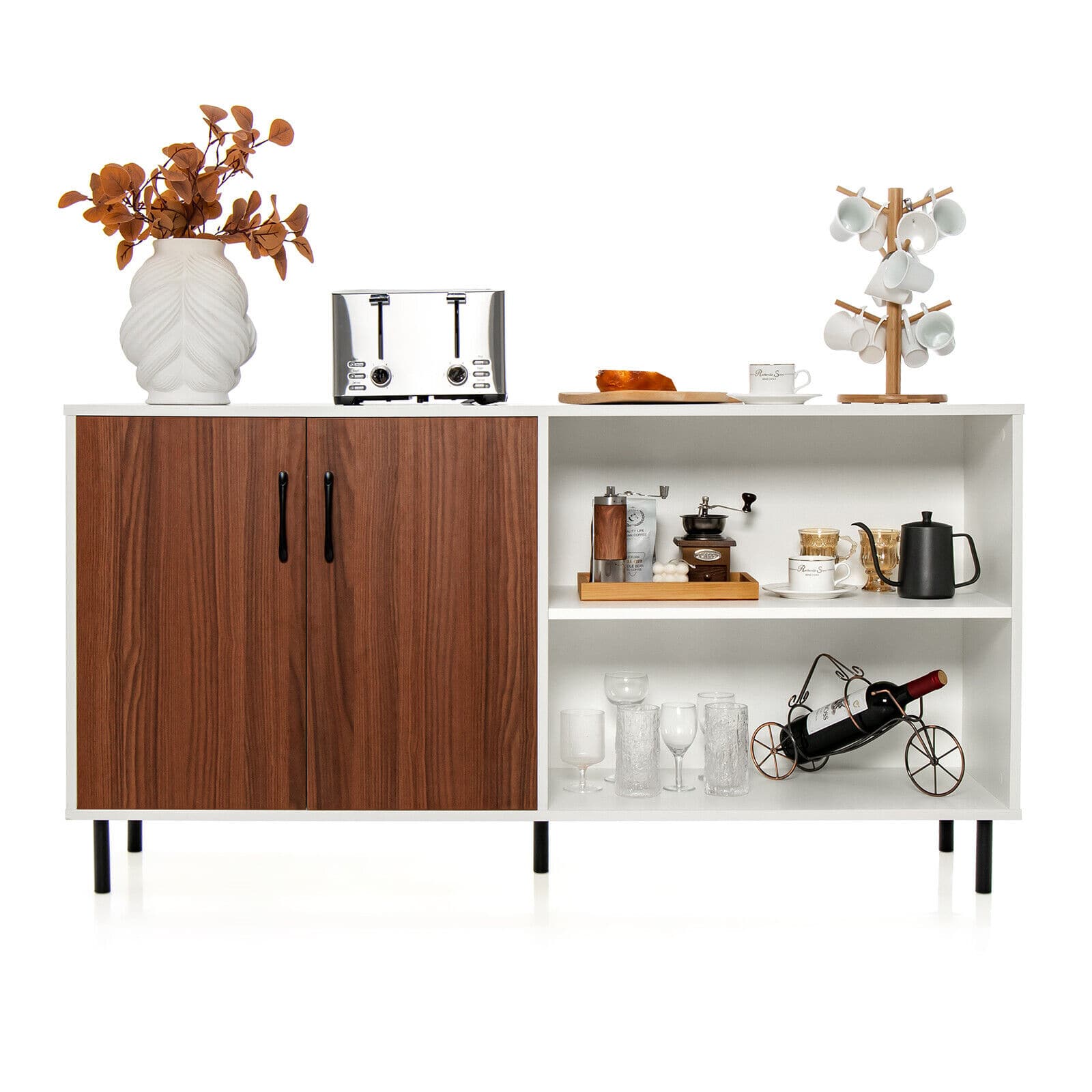 Ecooso - Modern Buffet Sideboard Cabinet, 2 Doors with Open Shelves, Kitchen Storage Console - Walnut/White