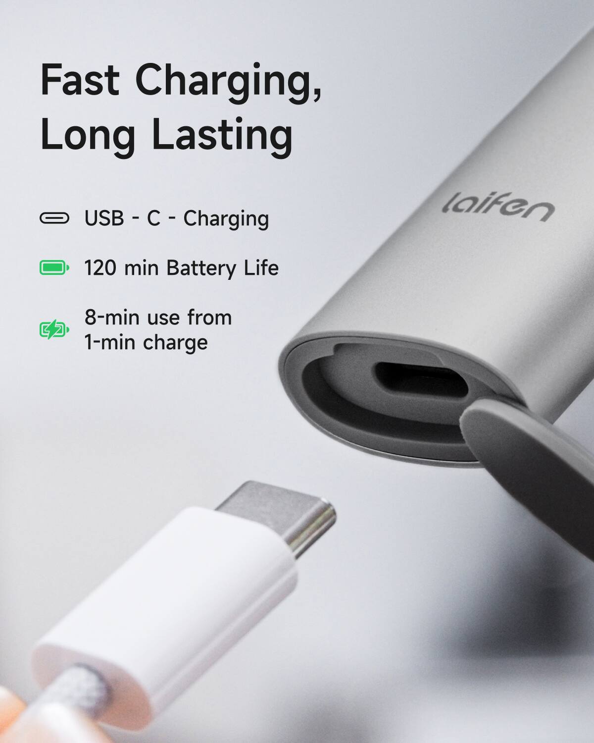 Fast Charging, Long Lasting

- USB - C - Charging
- 120 min Battery Life
- 8-min use from 1-min charge