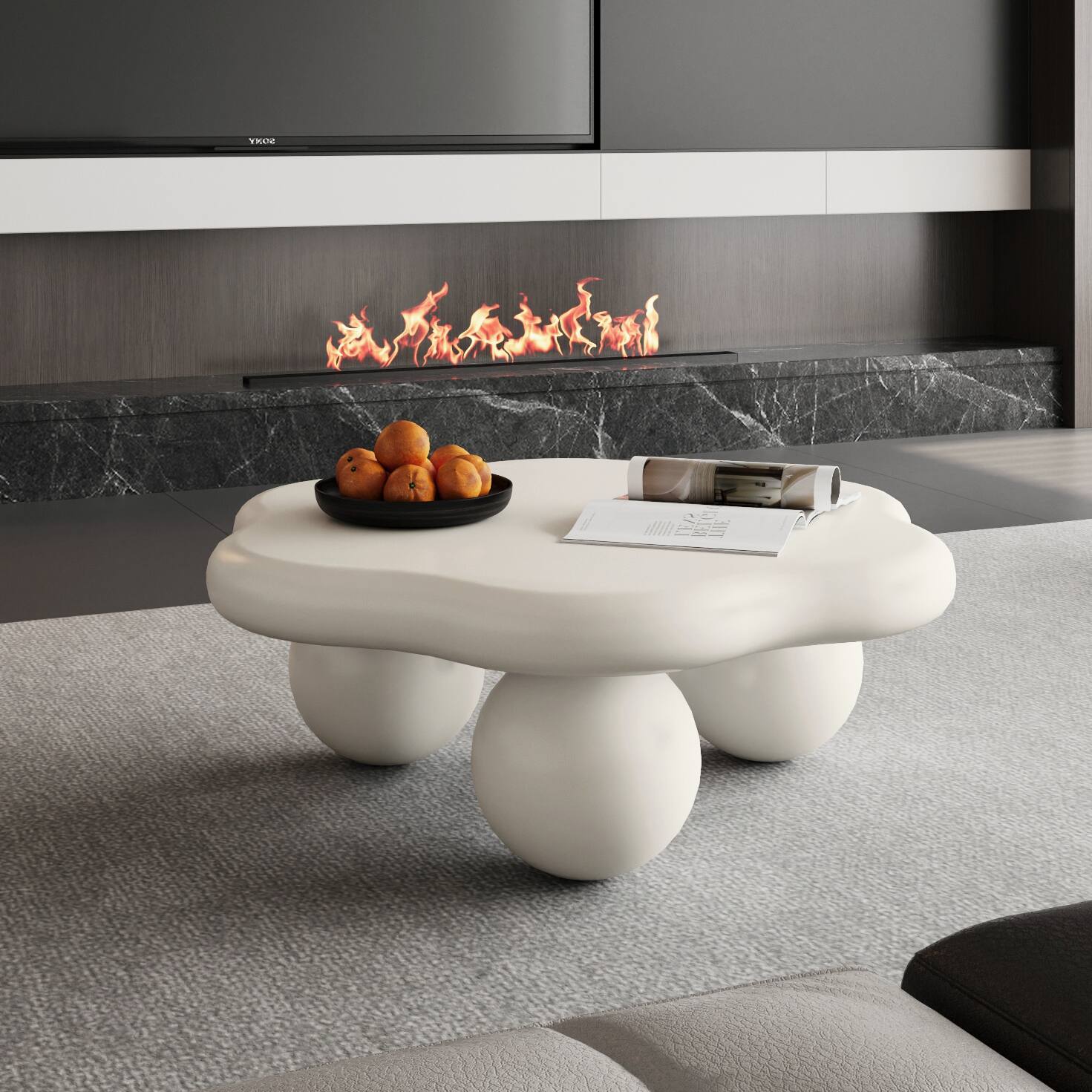 Back. Loheer - Loheer Cloud Shaped Coffee Table Cream White Petal Modern Minimalist Center Table with Spherical Legs 35 Inch - Cream White.