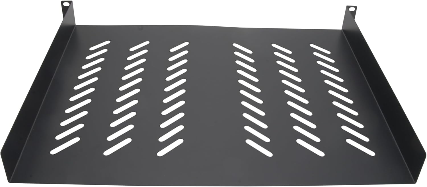 Angle. Cables Direct Online - 1U 19" Vented Server Rack Shelf – 14" (350mm) Deep No-Lip Universal Mount Tray, 11 lb Capacity - Black.