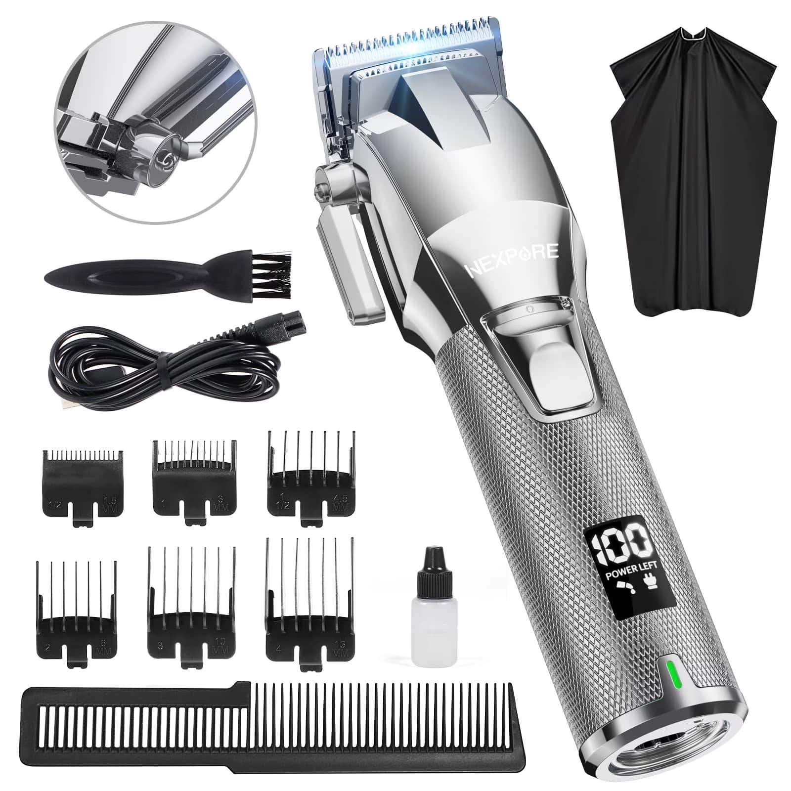 NEXPURE - Professional Hair Clippers for Men, Cordless Beard Trimmer with Quiet High-Torque Motor, LED Display, 6 Guide Combs