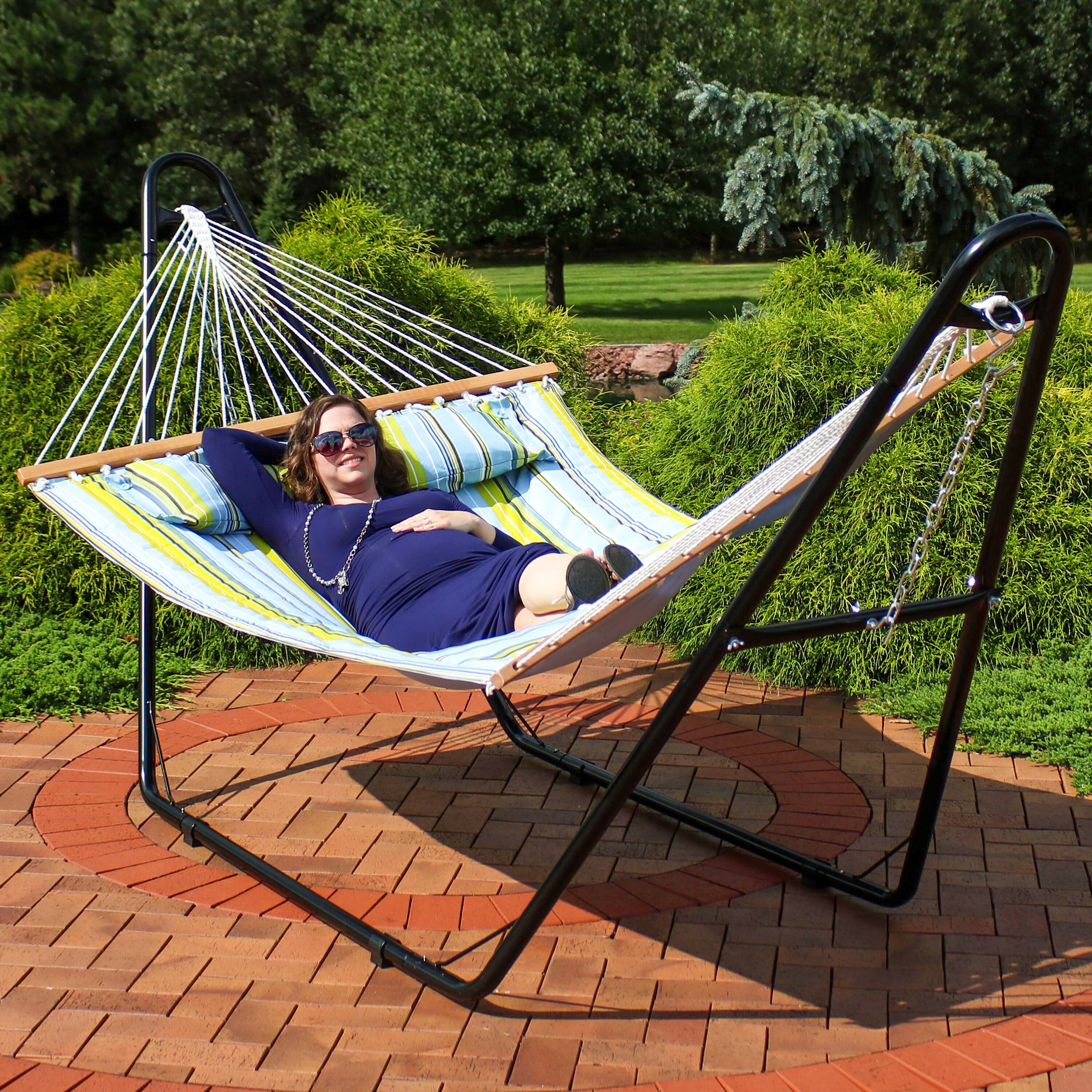 Alt View 8. Sunnydaze - 2-Person Quilted Hammock with Universal Steel Stand - Blue and Green.
