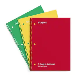 Staples - 1-Subject Notebooks, 8" x 10.5", College Ruled, 70 Sheets Colors, 3/Pack (ST58375C) - Assorted