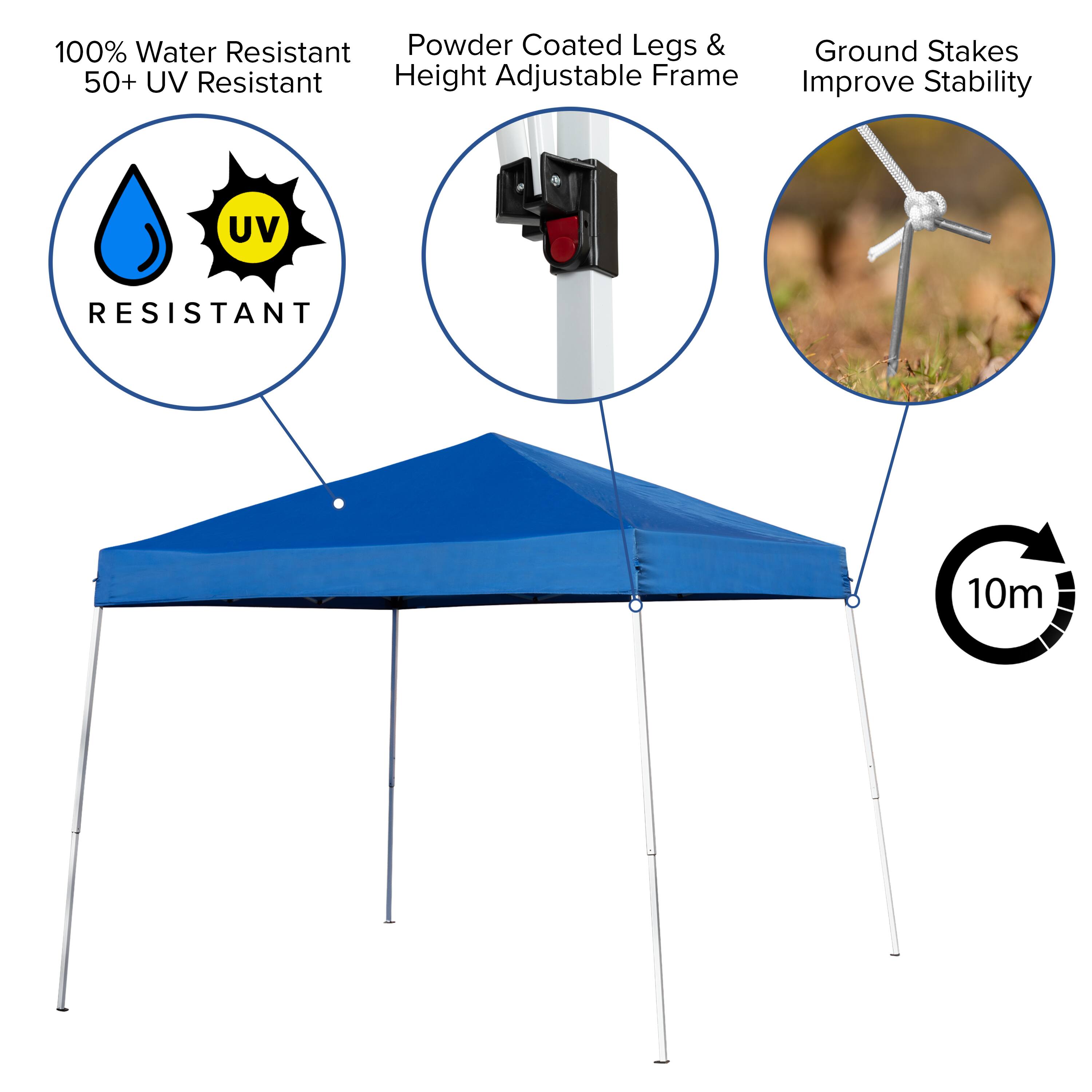 100% Water Resistant  
50+ UV Resistant  

Powder Coated Legs & Height Adjustable Frame  

Ground Stakes Improve Stability  

10m