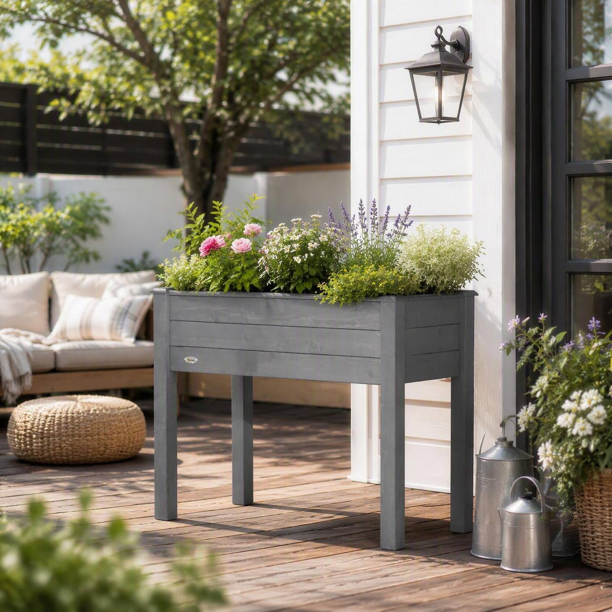 Left. RYHNUYNE - Raised Garden Bed with Legs 34x18x30 Inch Elevated Wooden Planter Box Self Draining with Fabric Liner - Dark Gray.