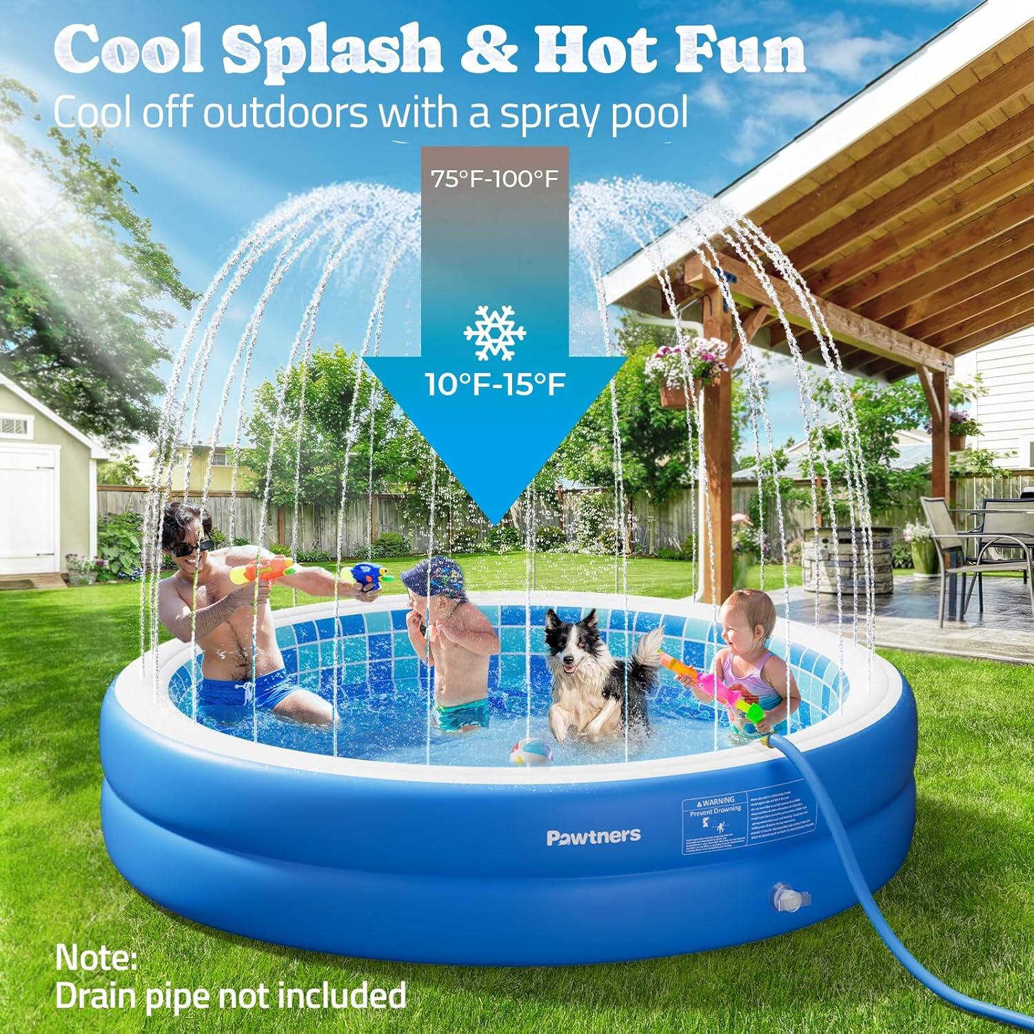 Cool Splash & Hot Fun  
Cool off outdoors with a spray pool  

75°F-100°F  
10°F-15°F  

Pawtners ARNG - Donning 2  

Note: Drain pipe not included