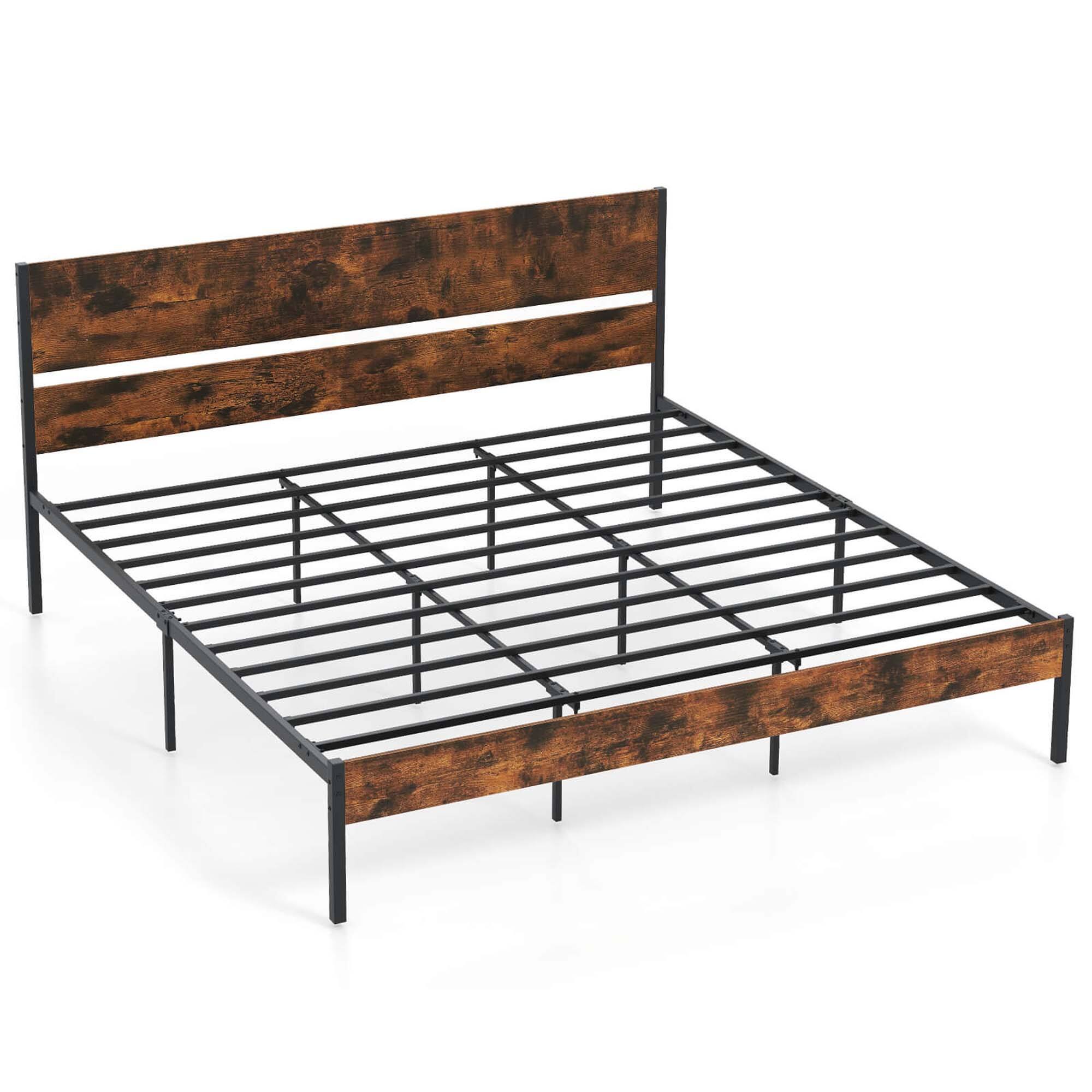 Alt View 1. Costway - Costway King Size Bed Frame with Wooden Headboard Under-Bed Storage No Box Spring Needed - Rustic Brown & Black.