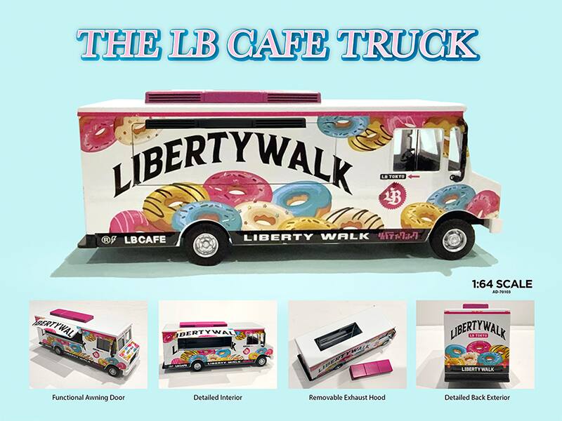 THE LB CAFE TRUCK  
LIBERTY WALK  
LB CAFE  
LB TOKYO  
1:64 SCALE  
AD-70103  

Functional Awning Door  
Detailed Interior  
Removable Exhaust Hood  
Detailed Back Exterior