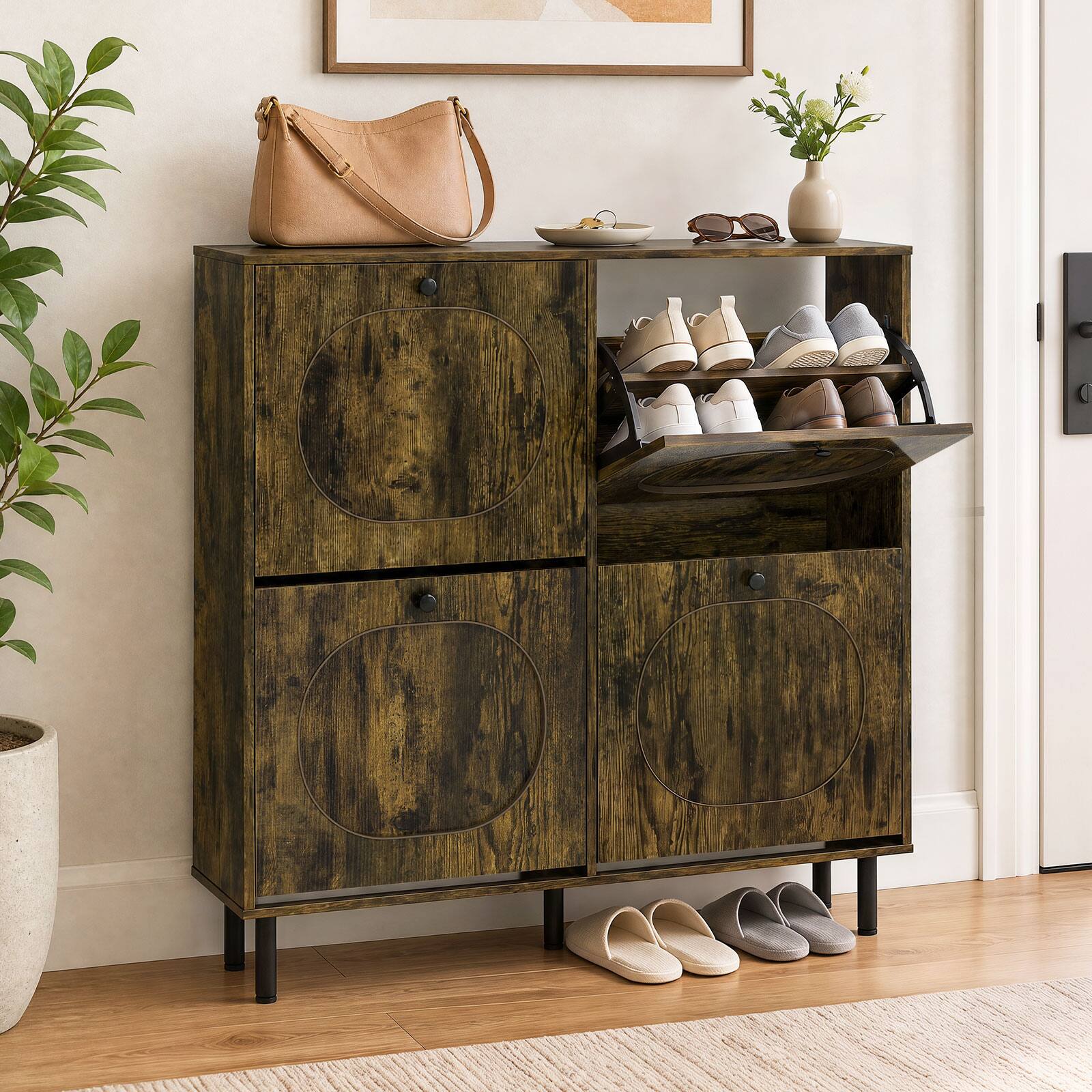 Alt View 3. Costway - Costway 9.5" Shoe Storage Cabinet with 4 Flip Drawers, Aluminum Legs for Foyer & Hallway - Rustic Brown.