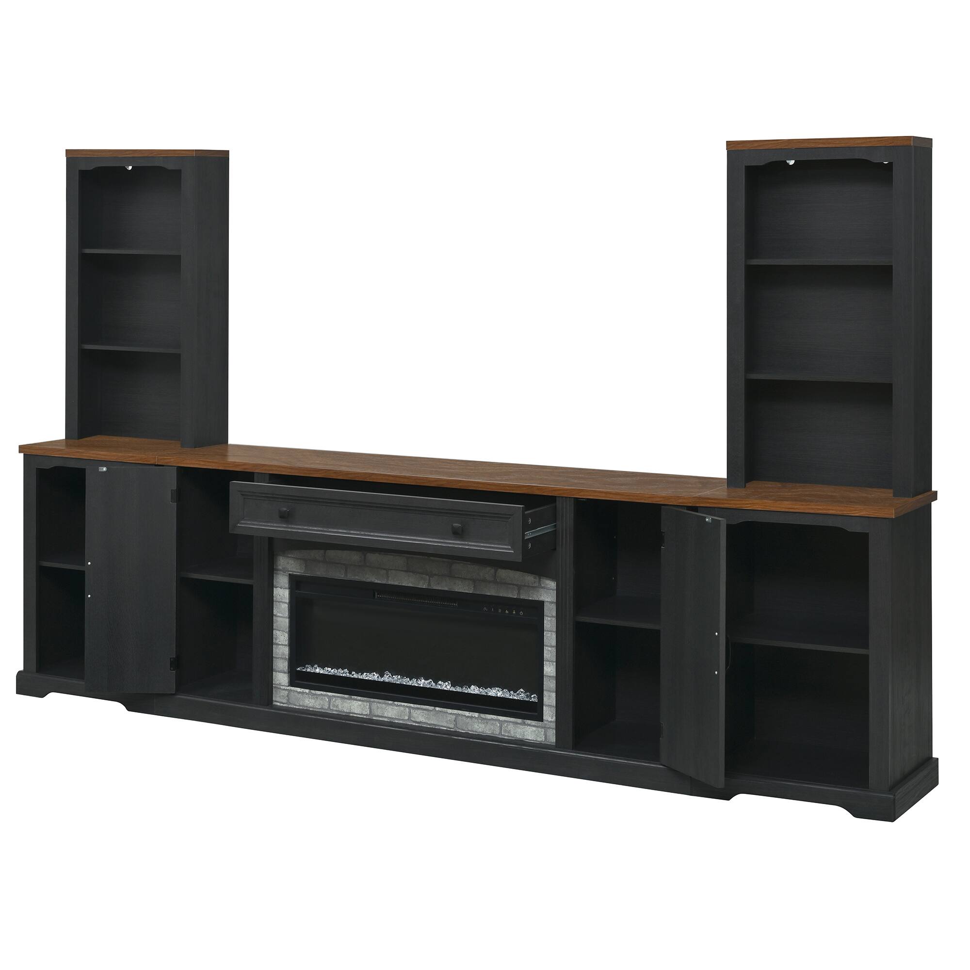 Left. Whisen - 70-Inch 3-Piece TV Stand Set with Electric Fireplace Heater,Entertainment Center with Storage Bookshelves - Black.