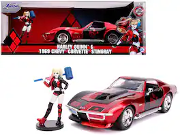 1969 Chevrolet Corvette Stingray with Harley Quinn Diecast Figurine "DC Comics" Series 1/24 Diecast Model Car by Jada - Red