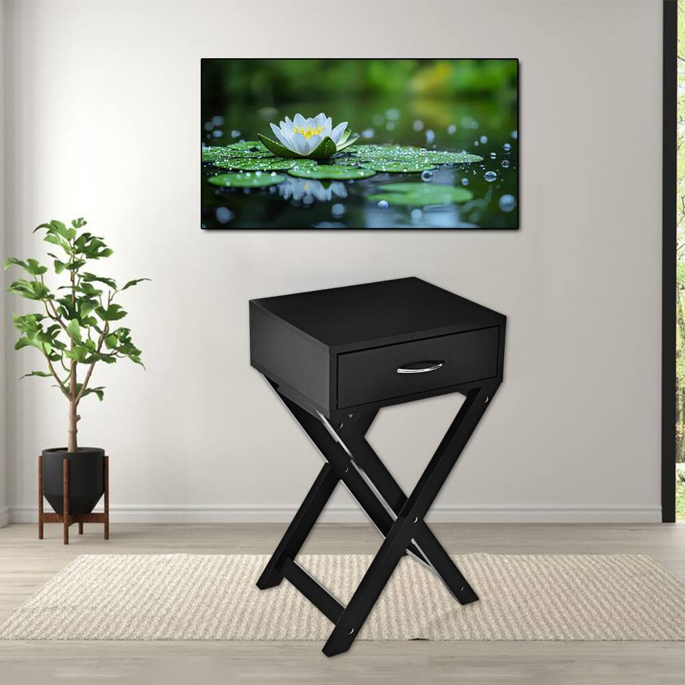 Hivvago - Contemporary X-Leg Side Table with Storage Drawer for Living Room or Bedroom - Black