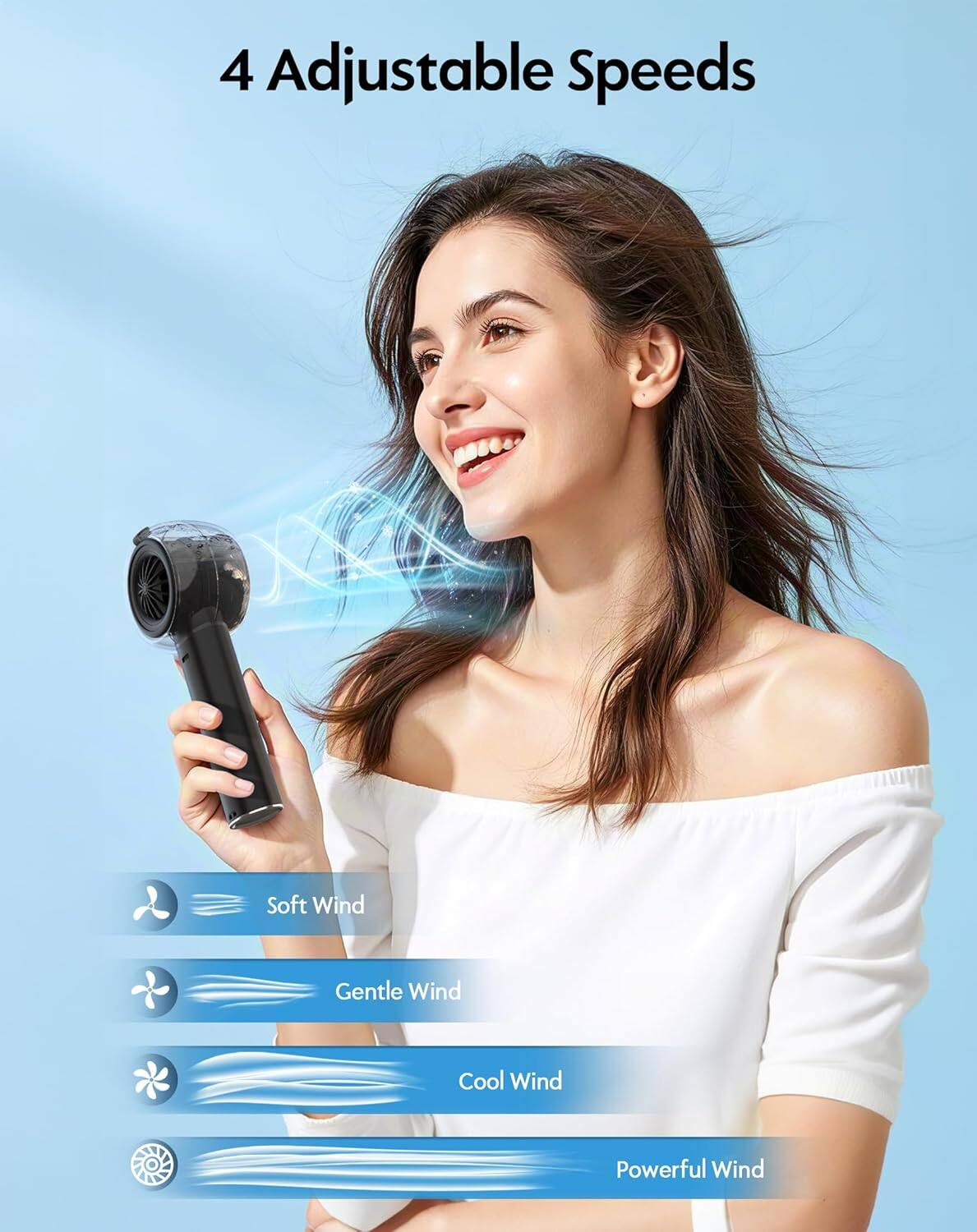 4 Adjustable Speeds

- Soft Wind
- Gentle Wind
- Cool Wind
- Powerful Wind