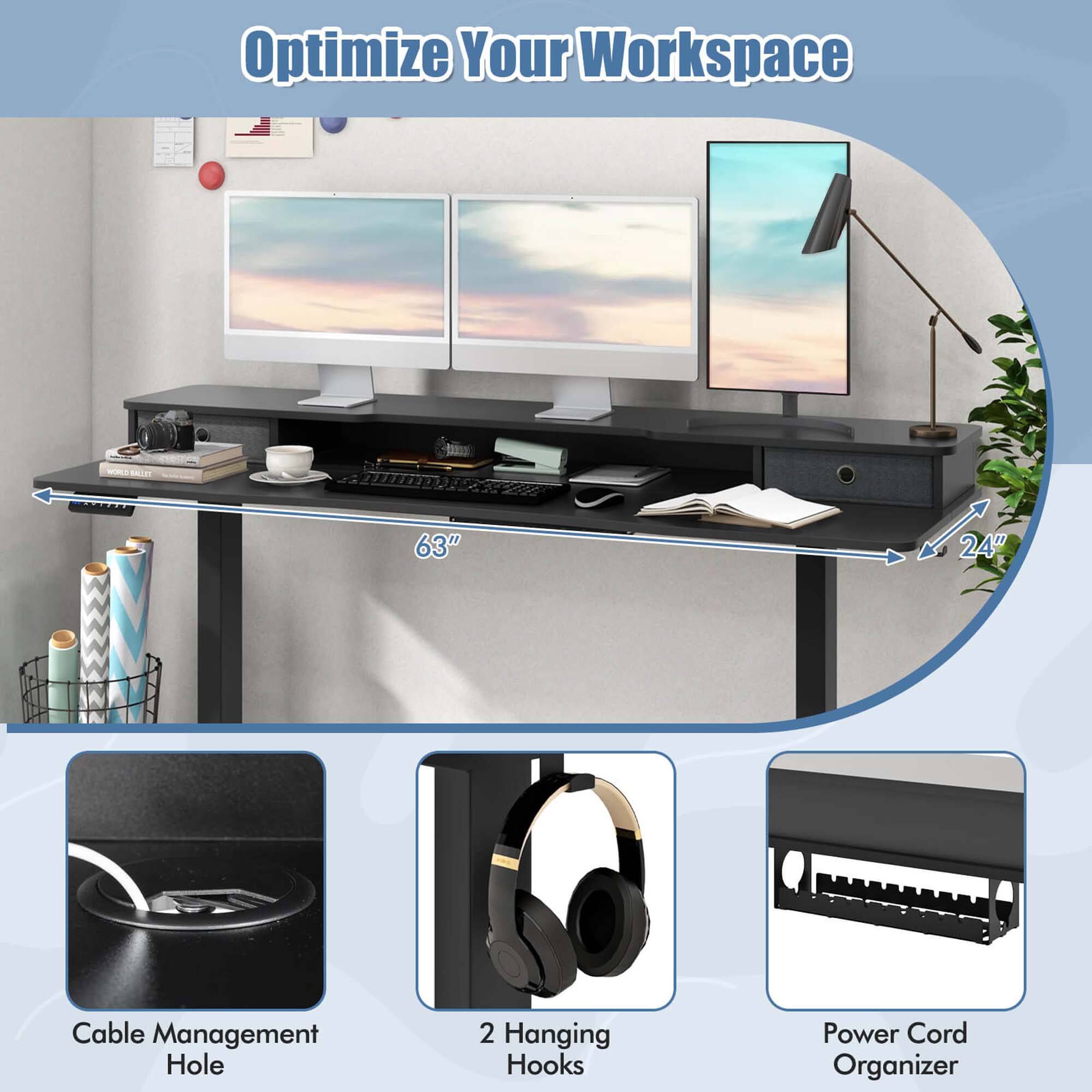 Optimize Your Workspace

- 63" Wide
- 24" Deep

Cable Management Hole

2 Hanging Hooks

Power Cord Organizer