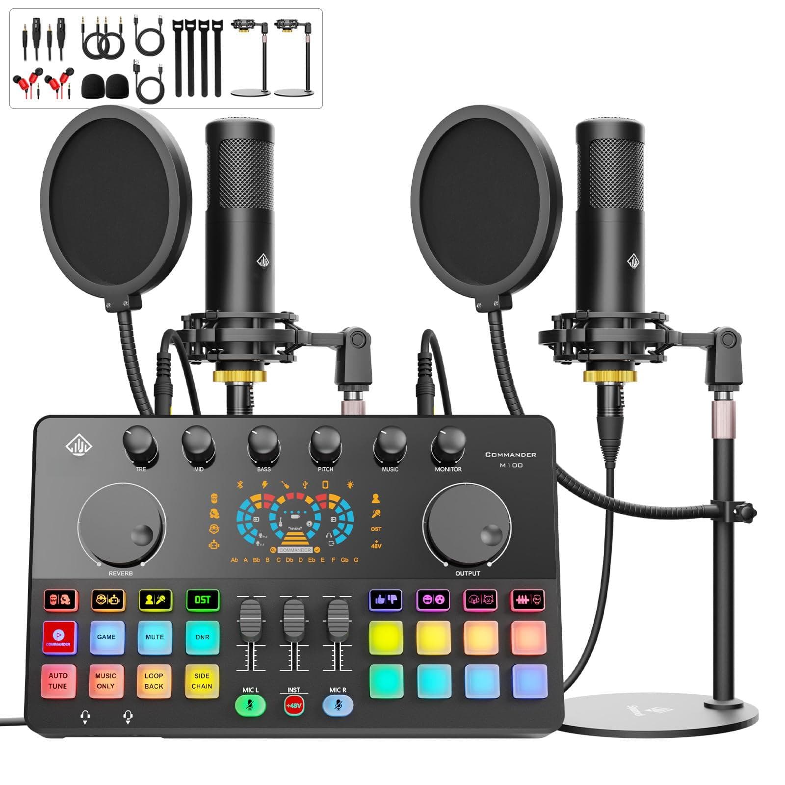Empire DigiLabs - Podcast Equipment Bundle For With Dual Xlr Condenser Micophones Mic Pop Filters Audio Live Streaming Recording Online - ST-M100-2C(Black)
