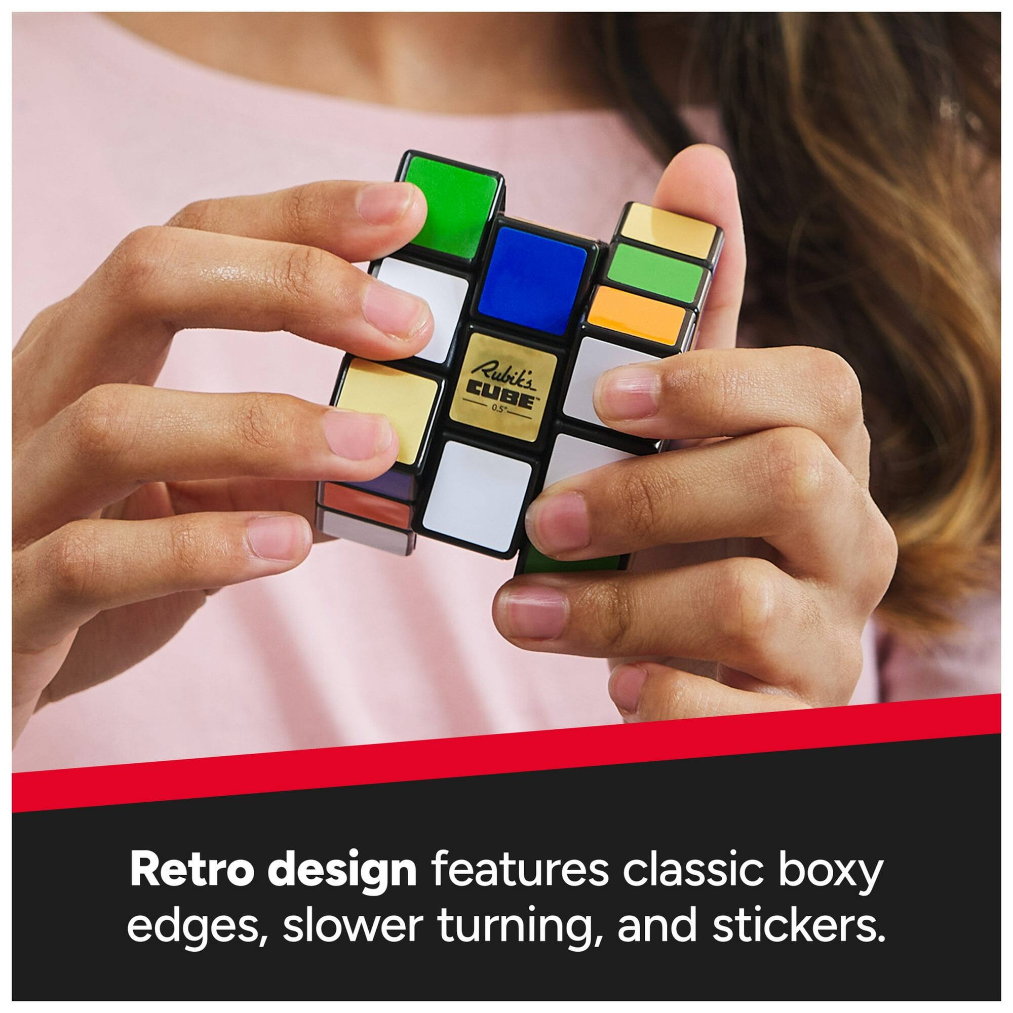 Rubik's CUBE 2.3 Retro design features classic boxy edges, slower turning, and stickers.