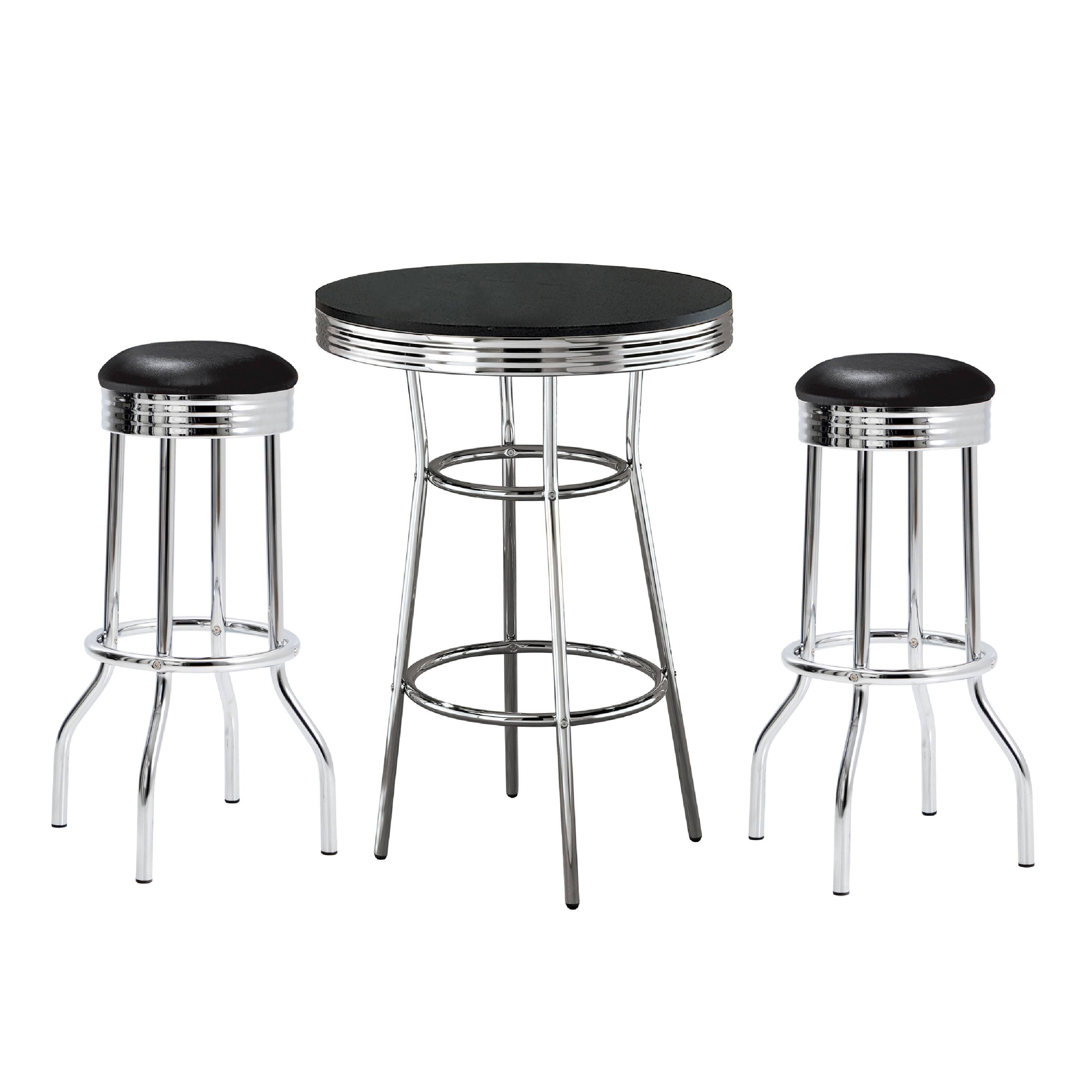 Front. Manhattan Lane - Loy 3 Piece Retro Bar Table Set, Round Black Top, 2 Stools - Black, Chrome.