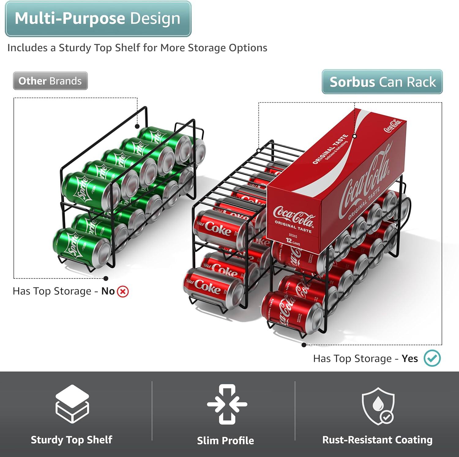 Multi-Purpose Design Includes a Sturdy Top Shelf for More Storage Options

Other Brands
- Sorbus Can Rack
  - Has Top Storage - No

Sorbuse Can Rack
- Has Top Storage - Yes

Sturdy Top Shelf
Slim Profile
Rust-Resistant Coating