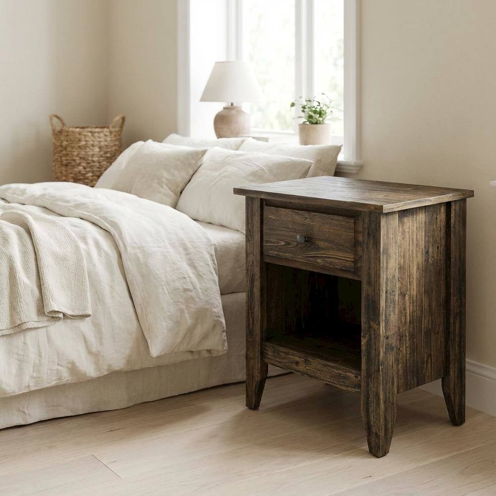 Alt View 1. FurniFact - Distressed Jacobean Nightstand with Wooden Drawer and Sturdy Construction - Distressed Jacobean.