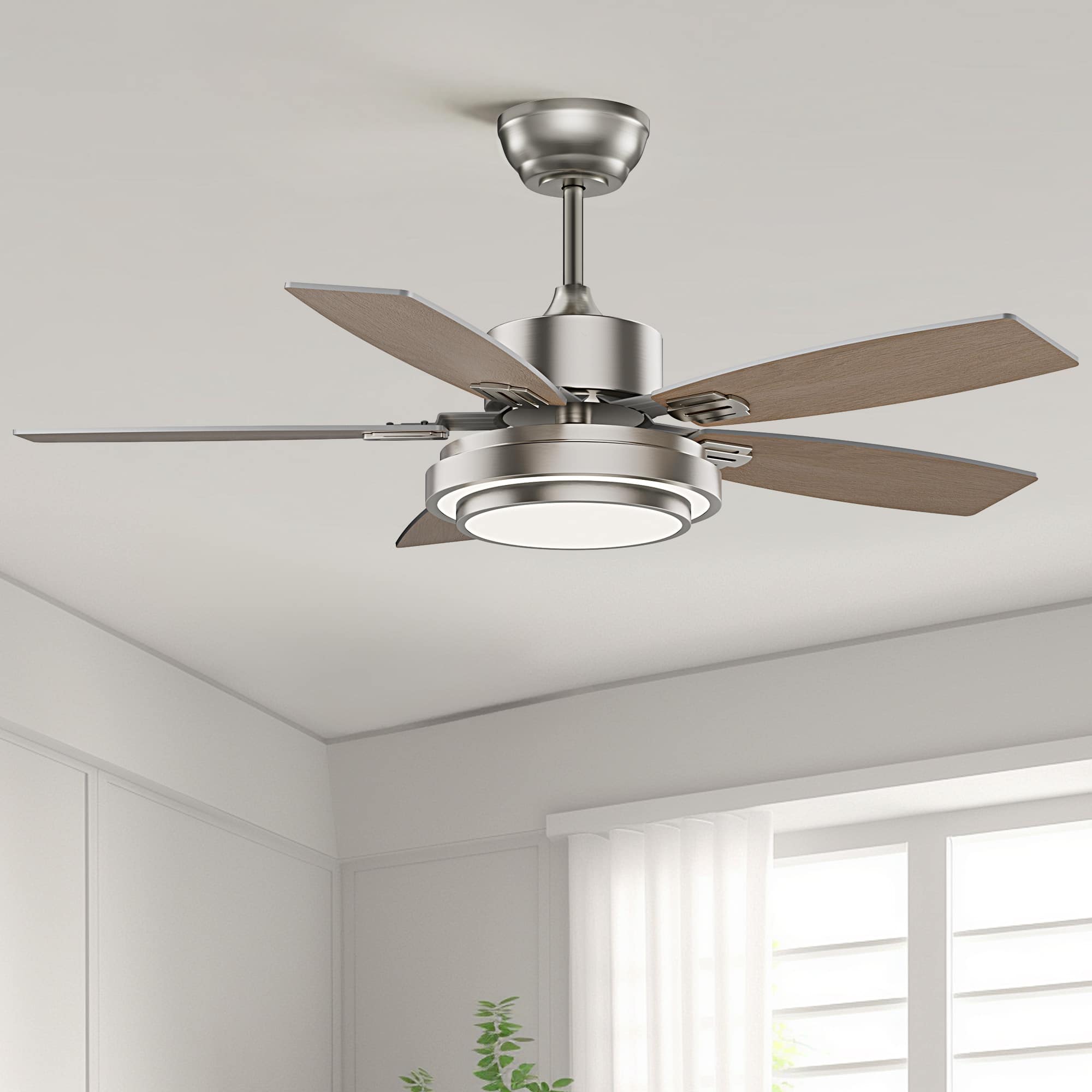 Siljoy - 42-in Ceiling Fan with or Oak Color Blades Ceiling Fan With Light-Remote Included - Nickel