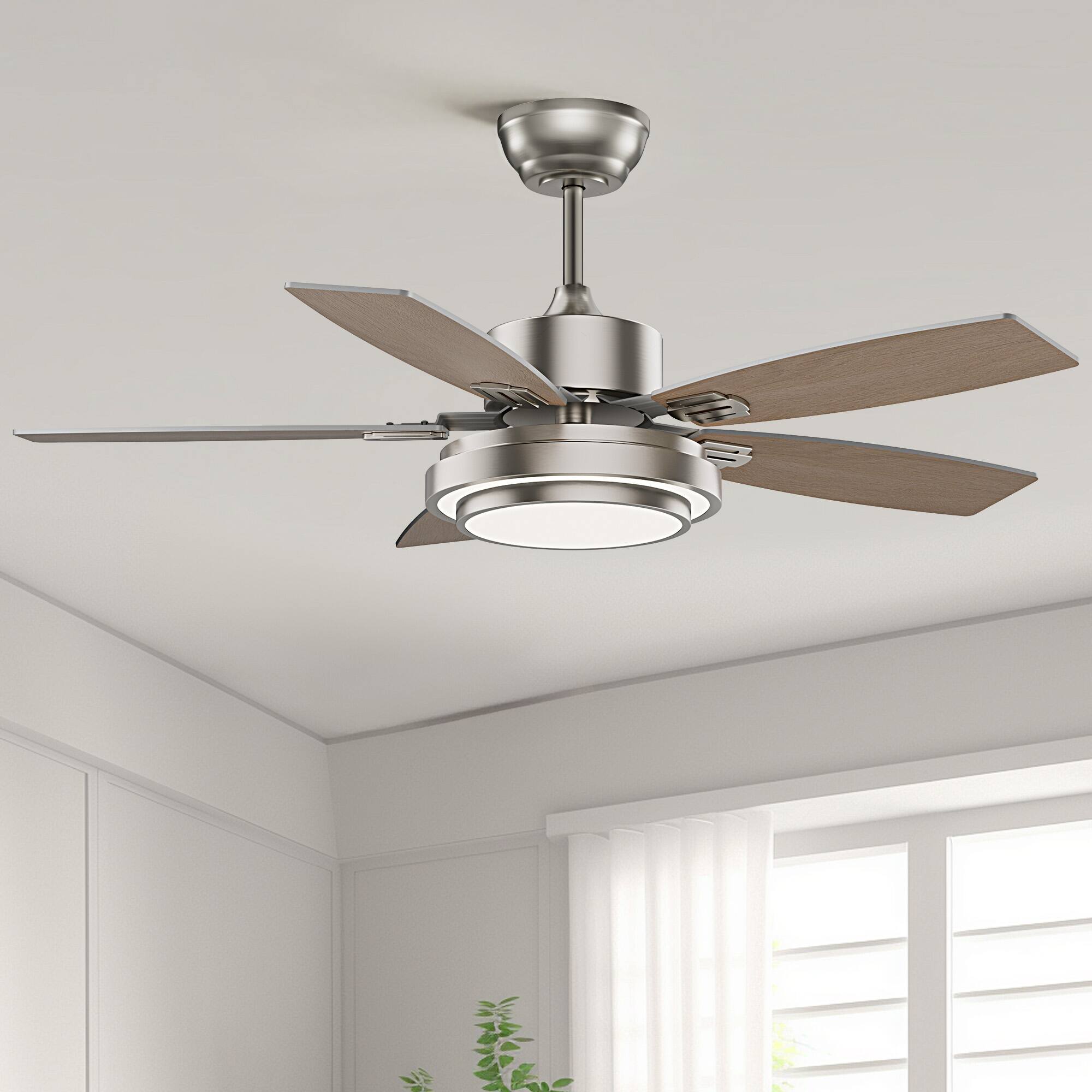 Siljoy - 42-in Ceiling Fan with or Oak Color Blades Ceiling Fan With Light-Remote Included - Nickel