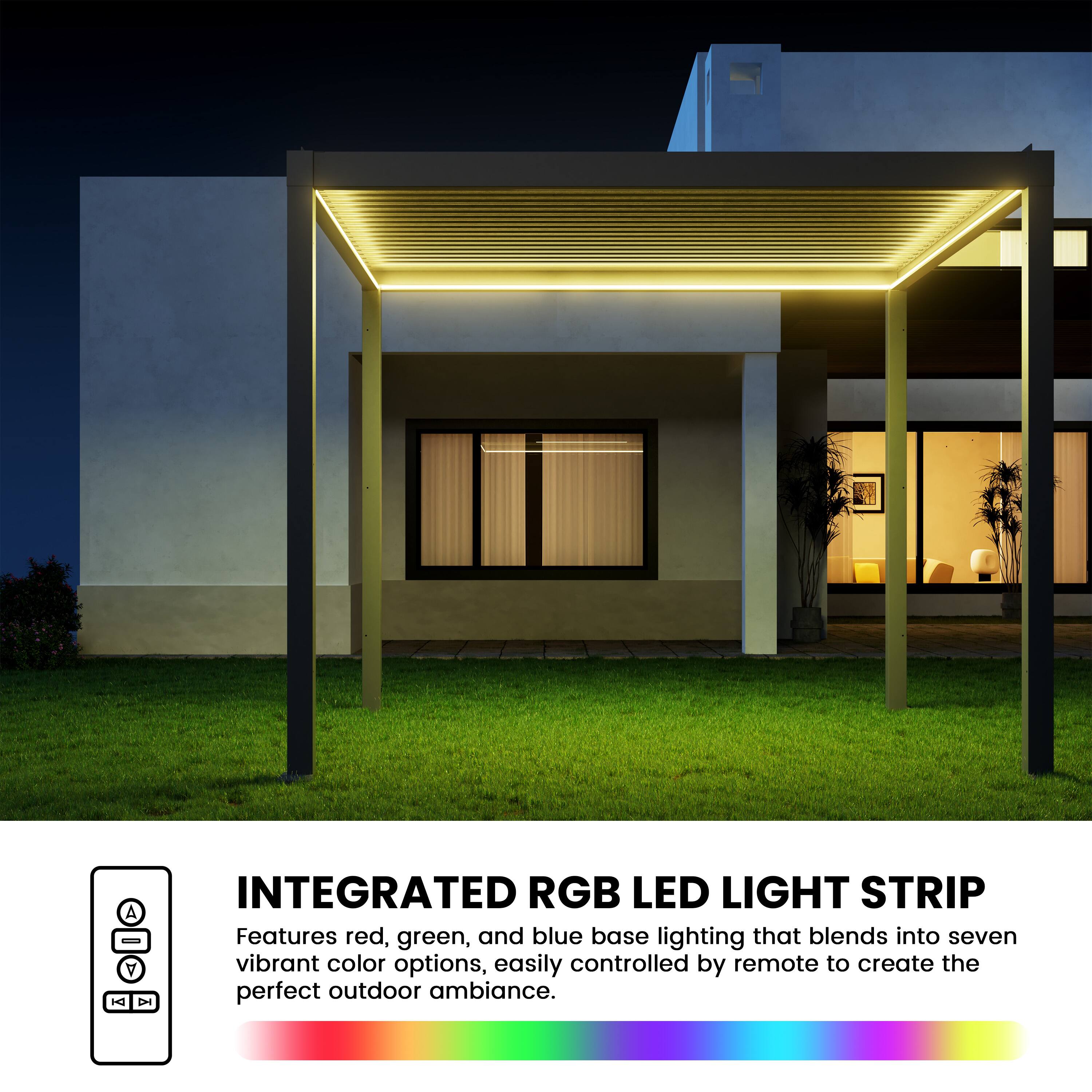 INTEGRATED RGB LED LIGHT STRIP

Features red, green, and blue base lighting that blends into seven vibrant color options, easily controlled by remote to create the perfect outdoor ambiance.