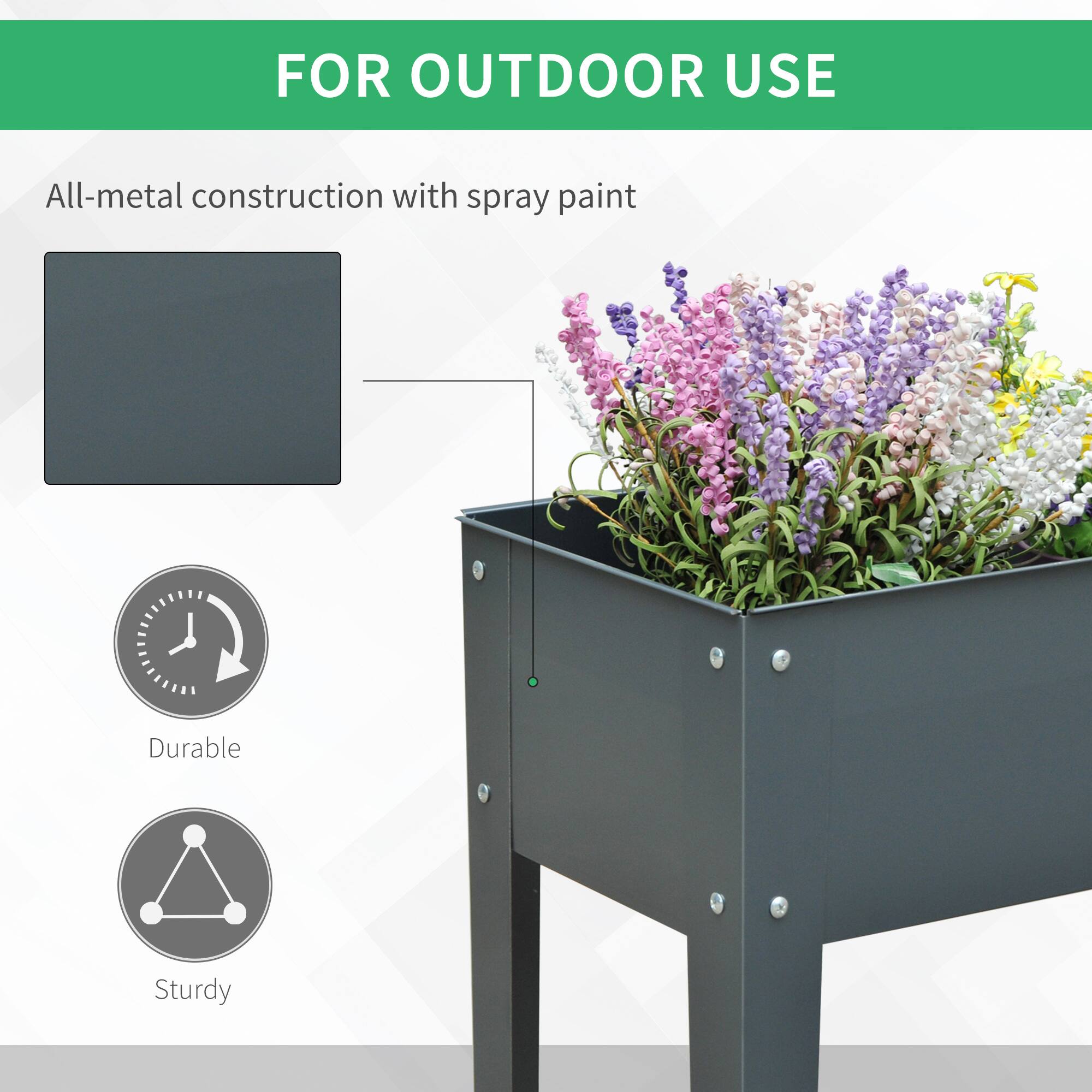 FOR OUTDOOR USE

All-metal construction with spray paint

- Durable
- Sturdy