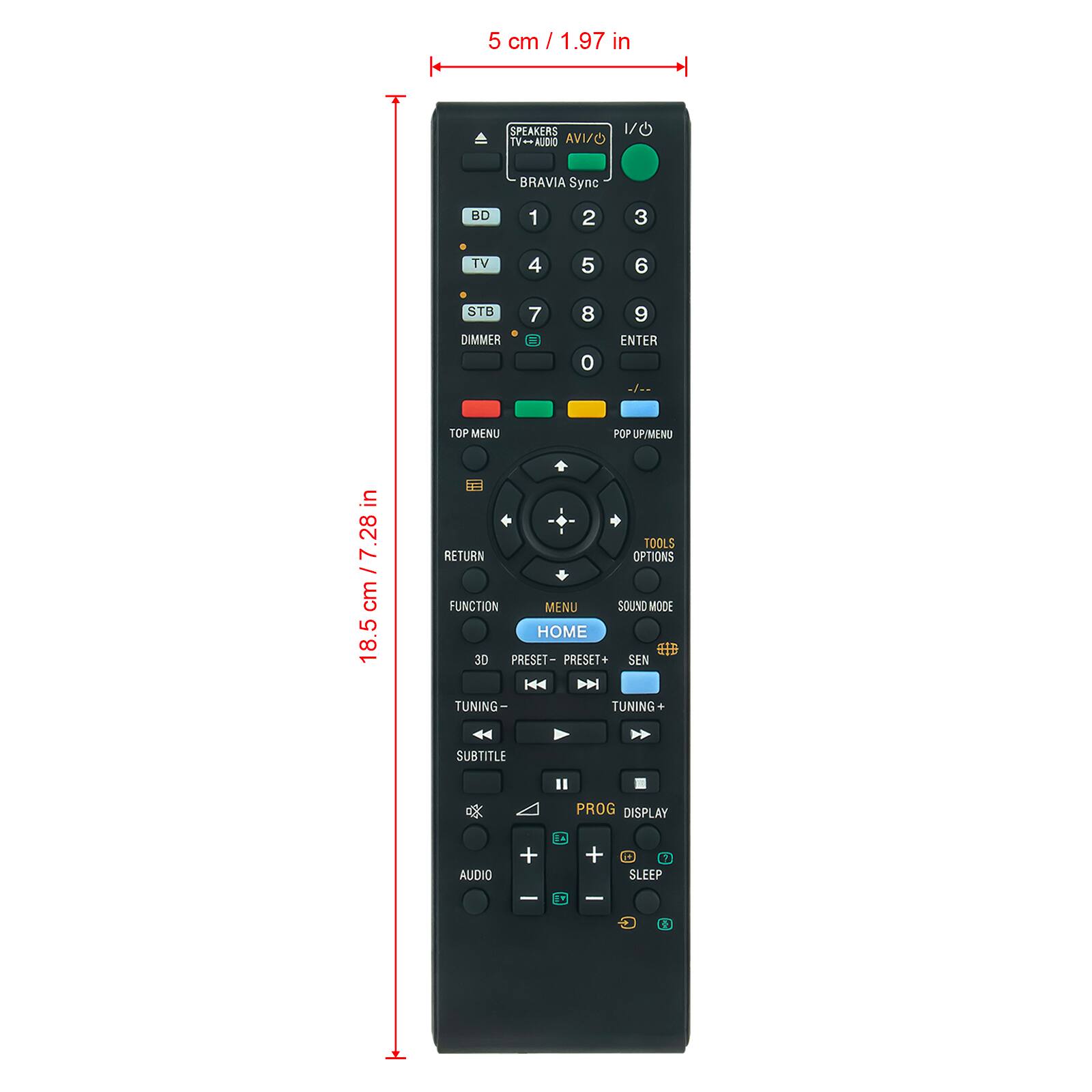 5 cm / 1.97 in

SPEAKERS 1/0 TV AUDIO OVA
BRAVIA Sync

BD
1
2
3
TV
4
5
6
STB DIMMER
7
8 0
9 ENTER

TOP MENU
POP UP MENU

in 7.28 cm 18.5

TOOLS RETURN OPTIONS FUNCTION MENU SOUND MODE HOME 3D PRESET- PRESET+ TUNING- TUNING+ SUBTITLE PROG DISPLAY AUDIO + - SLEEP