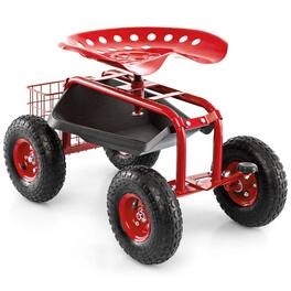 Costway - Garden Cart Patio Wagon Rolling Work Seat with Tool Tray Basket Planting - Red