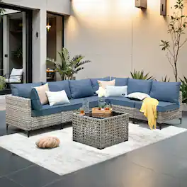 Ovios - 7 PCS Outdoor Patio Furniture Rattan Sectional Sofa with Coffee Table for Backyard - Denim Blue