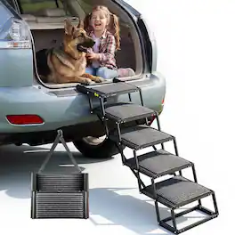 VEVOR - Dog Stairs for Car, 5 Steps Extra Wide Foldable Dog Ramp for Large Dogs with Non-Slip Rug Surface, Portable Lightweight - Black