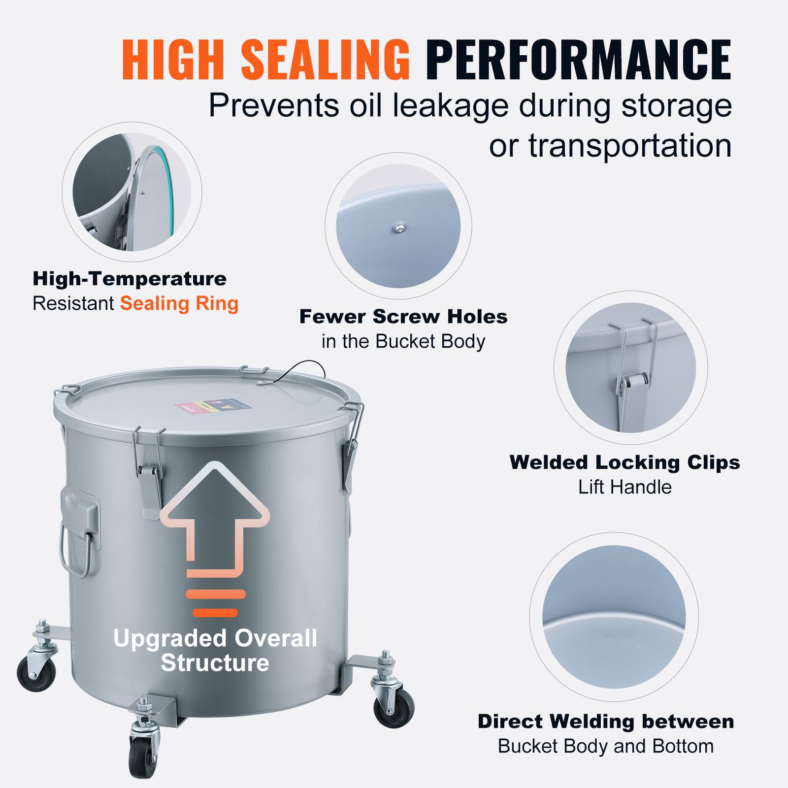 HIGH SEALING PERFORMANCE  
Prevents oil leakage during storage or transportation  

- High-Temperature Resistant Sealing Ring  
- Fewer Screw Holes in the Bucket Body  
- Welded Locking Clips Lift Handle  
- Upgraded Overall Structure  
- Direct Welding between Bucket Body and Bottom