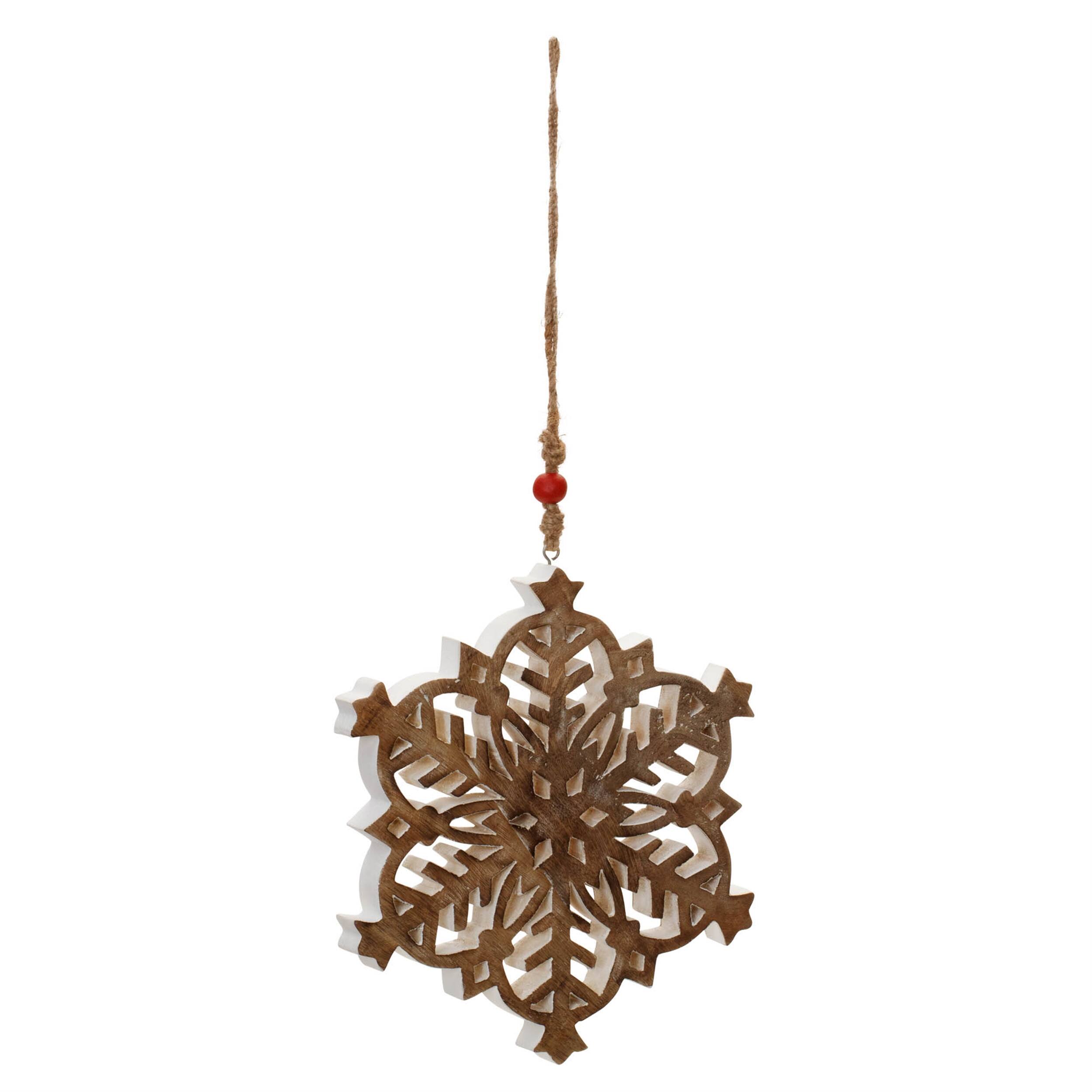 Angle. BreeBe - Mango Wood Snowflake Cut-Out Ornament (Set of 4) - Brown.