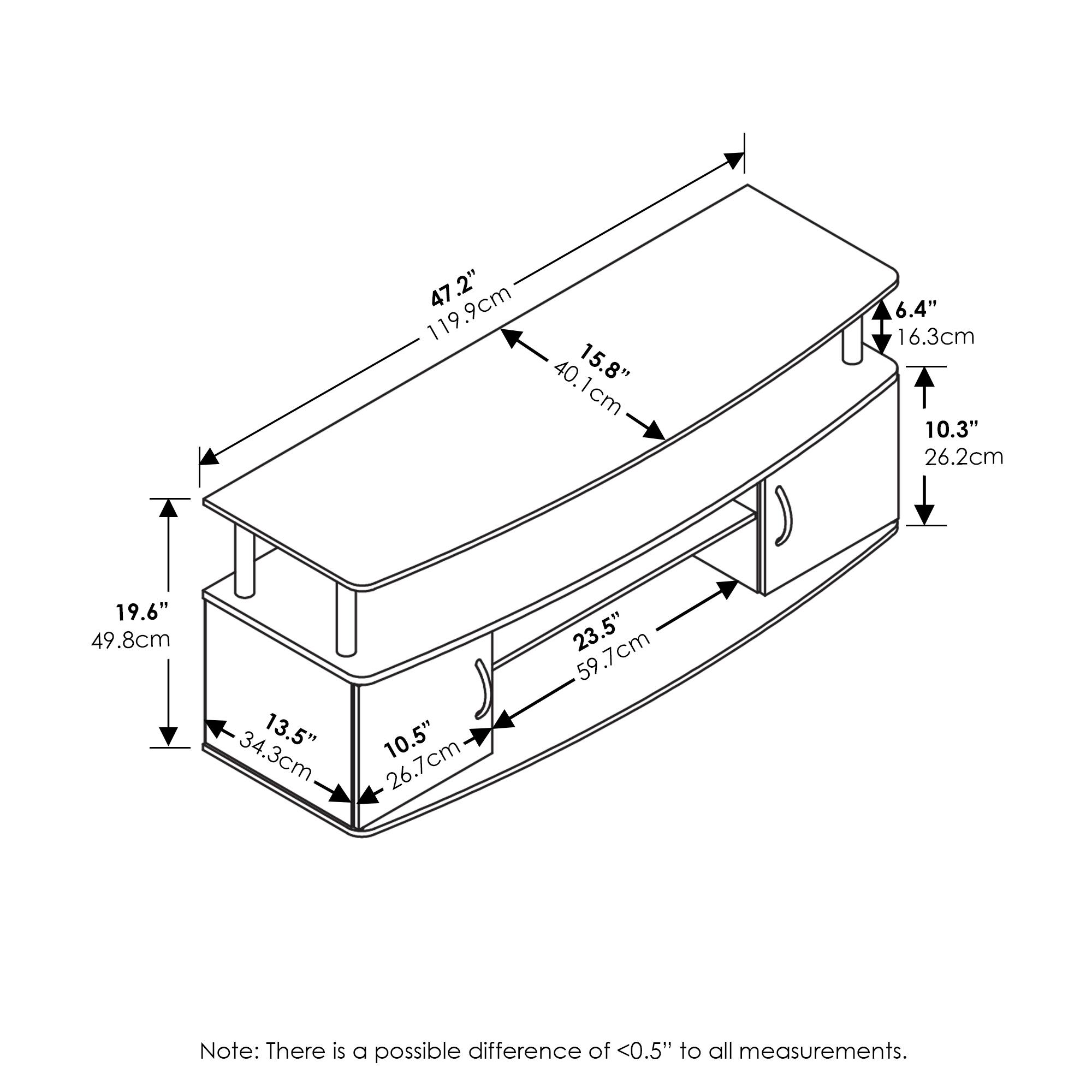 47.2" (119.9cm)  
40.1cm (15.8")  
16.3cm (6.4")  
10.3" (26.2cm)  
19.6" (49.8cm)  
13.5" (34.3cm)  
10.5" (26.7cm)  
23.5" (59.7cm)  

Note: There is a possible difference of <0.5" to all measurements.