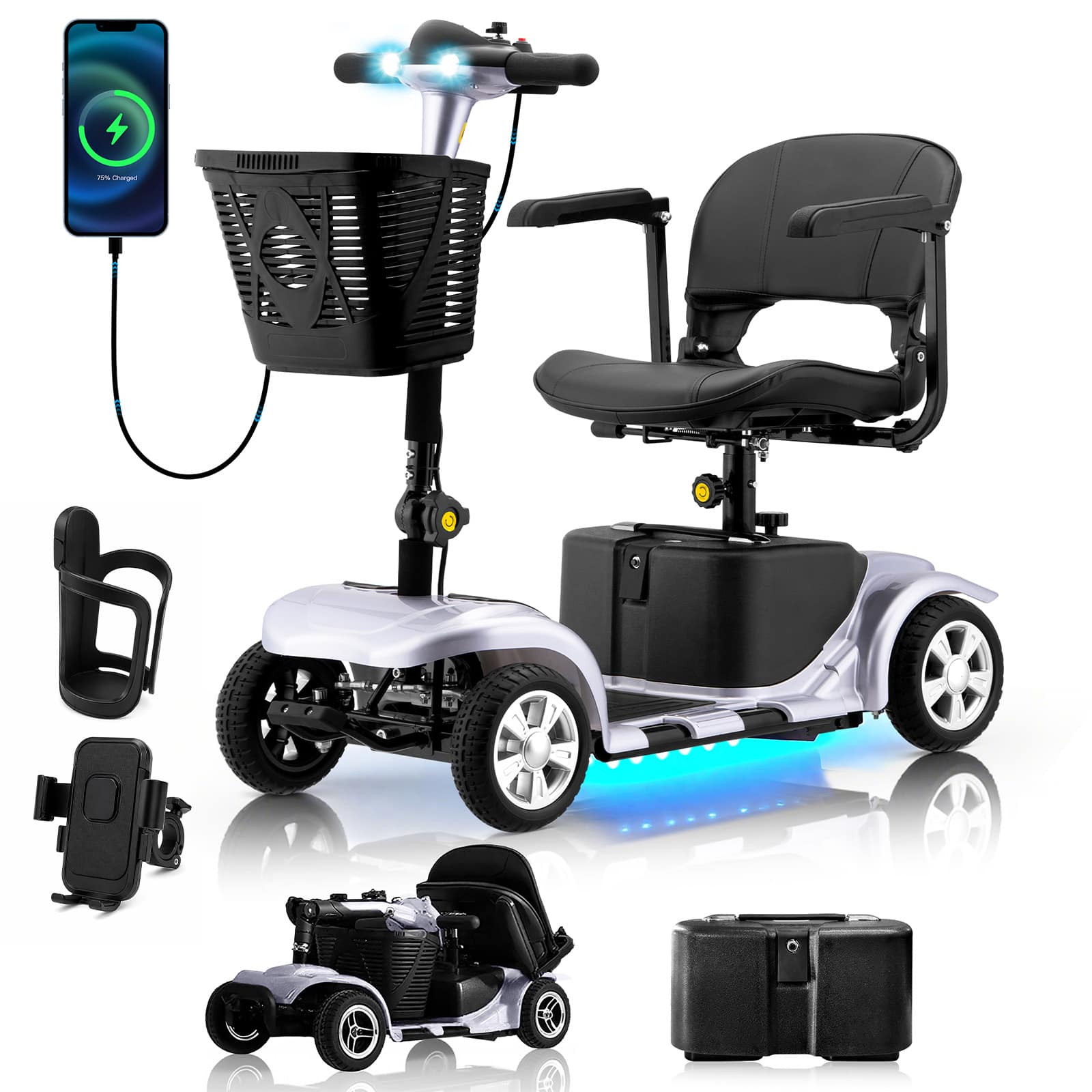 Hover Heart - Electric Mobility Scooter for Adults & Seniors, 4 Wheel Travel Scooter with Seat and LED Light - Silver