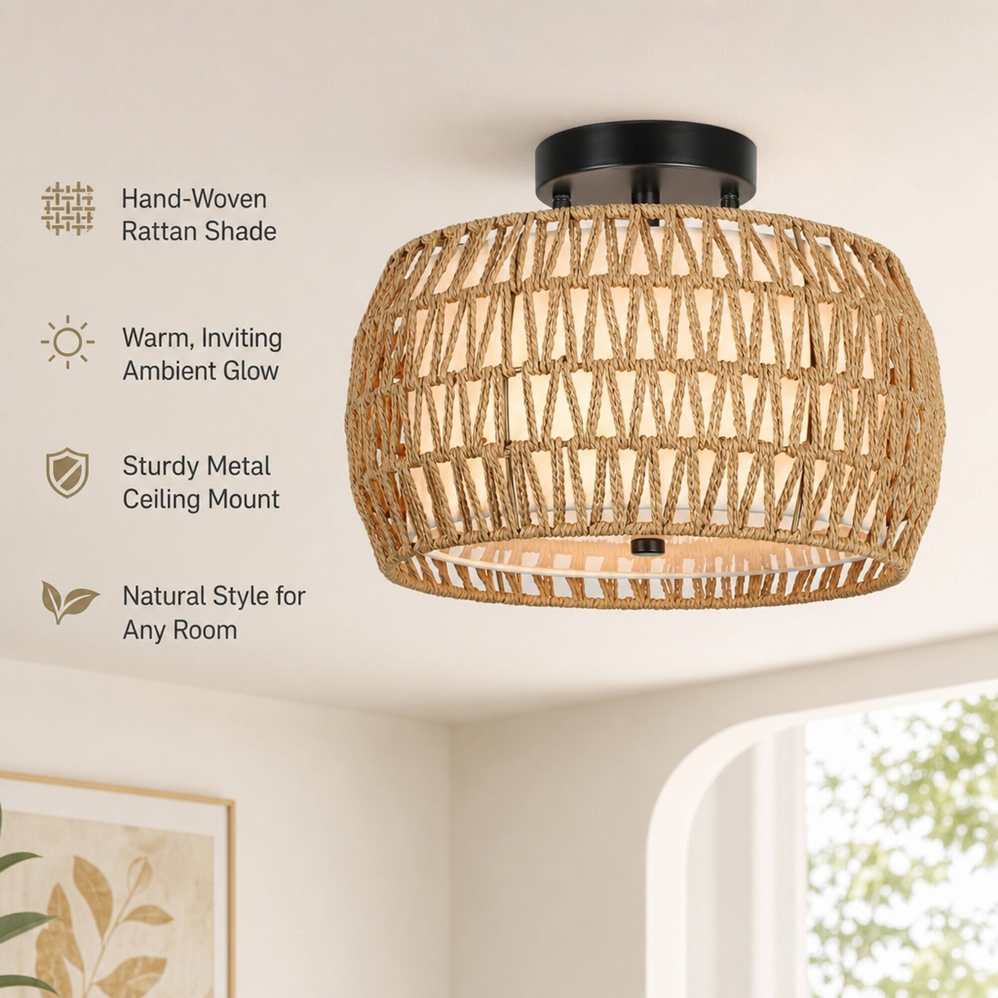 RYHNUYNE Boho Rattan Semi Flush Mount Ceiling Light – 2 in 1 Hand Woven ...