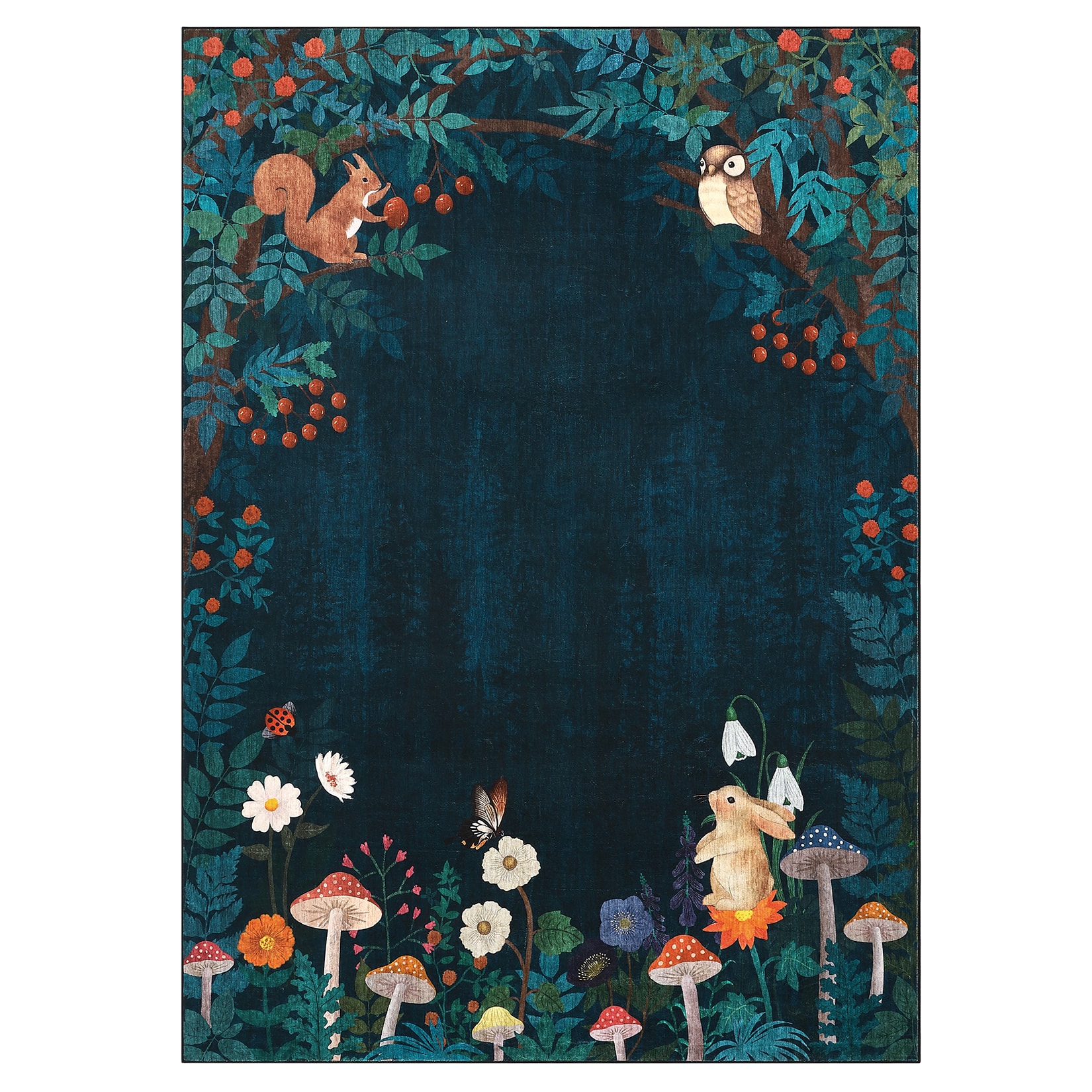 Jojoka - Retro Fairy Tale Area Rug Botanical Print Machine Washable Non Slip Floor Cover for Nurseries & Bohemian Bedrooms - Blue Green