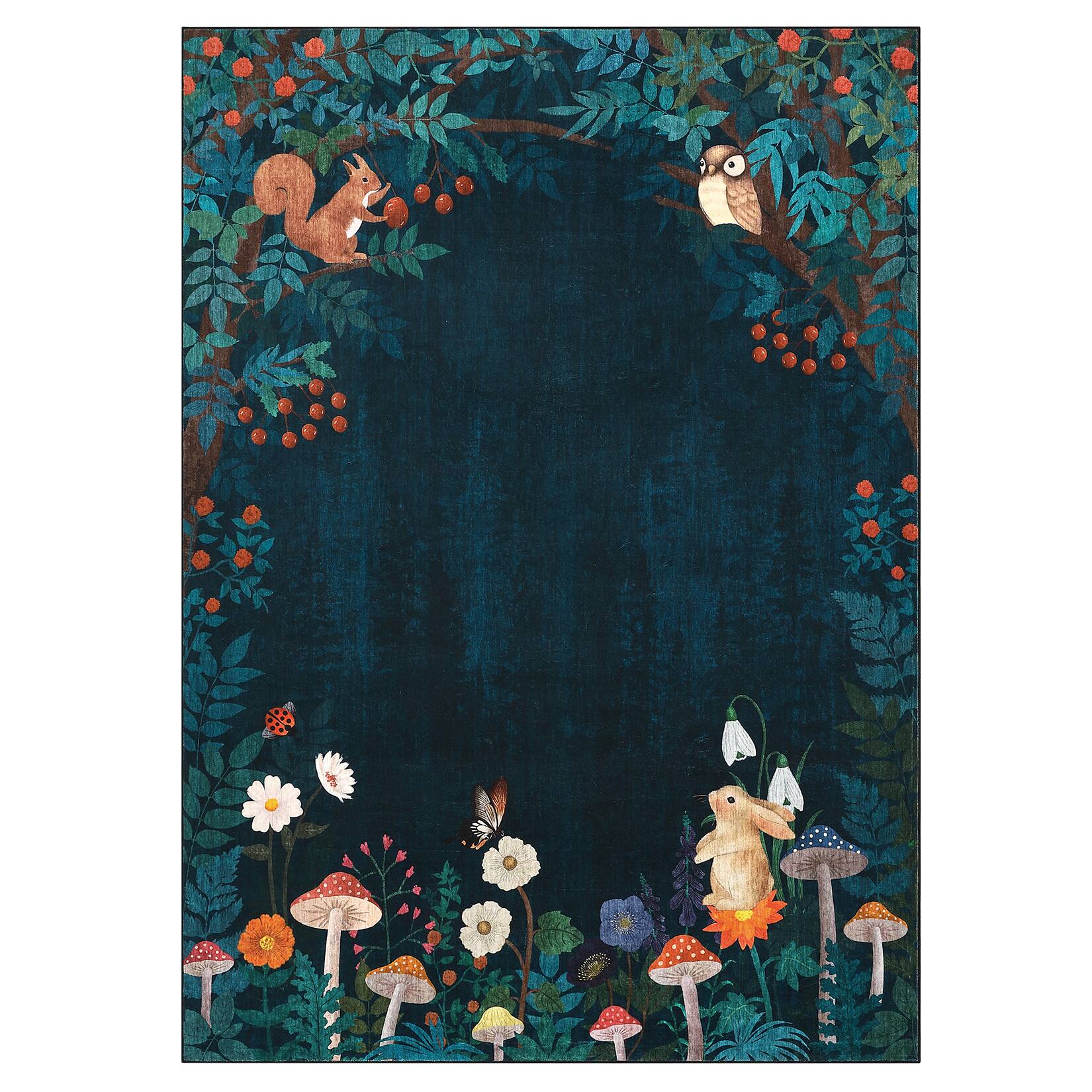 Jojoka - Retro Fairy Tale Area Rug Botanical Print Machine Washable Non Slip Floor Cover for Nurseries & Bohemian Bedrooms - Blue Green